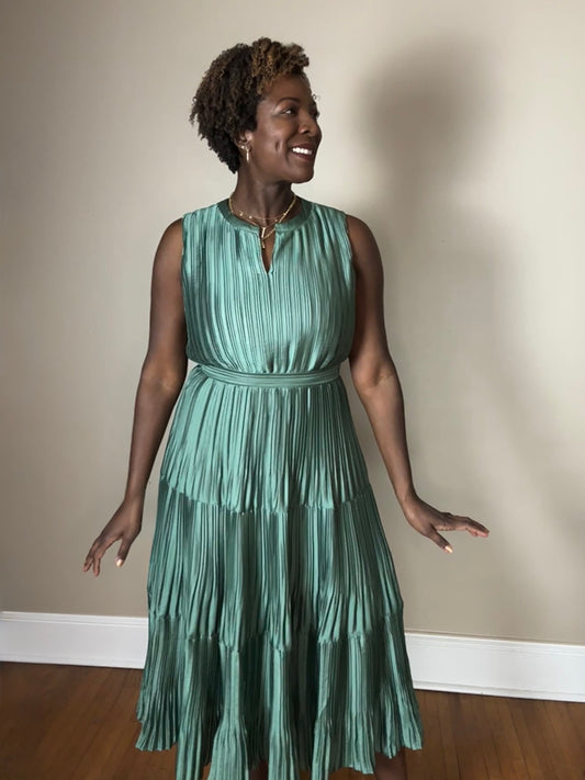 A-line green pleated dress