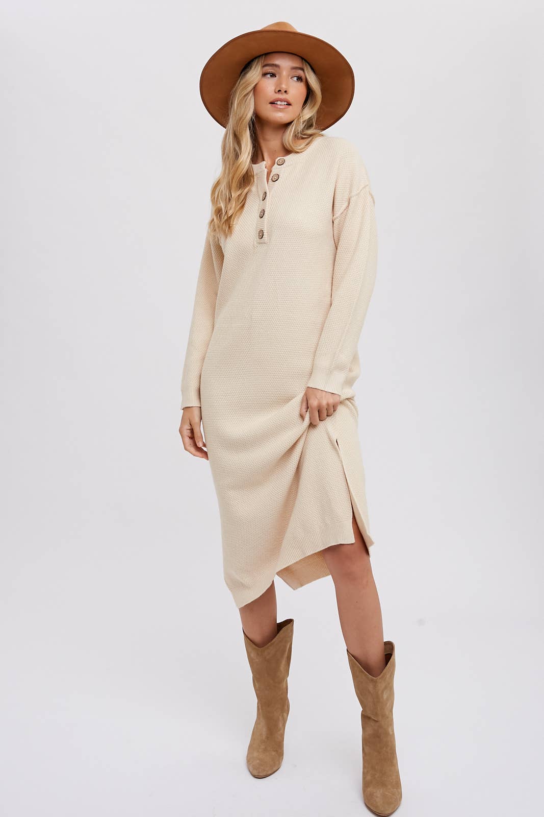 BUTTON FRONT MIDI SWEATER DRESS