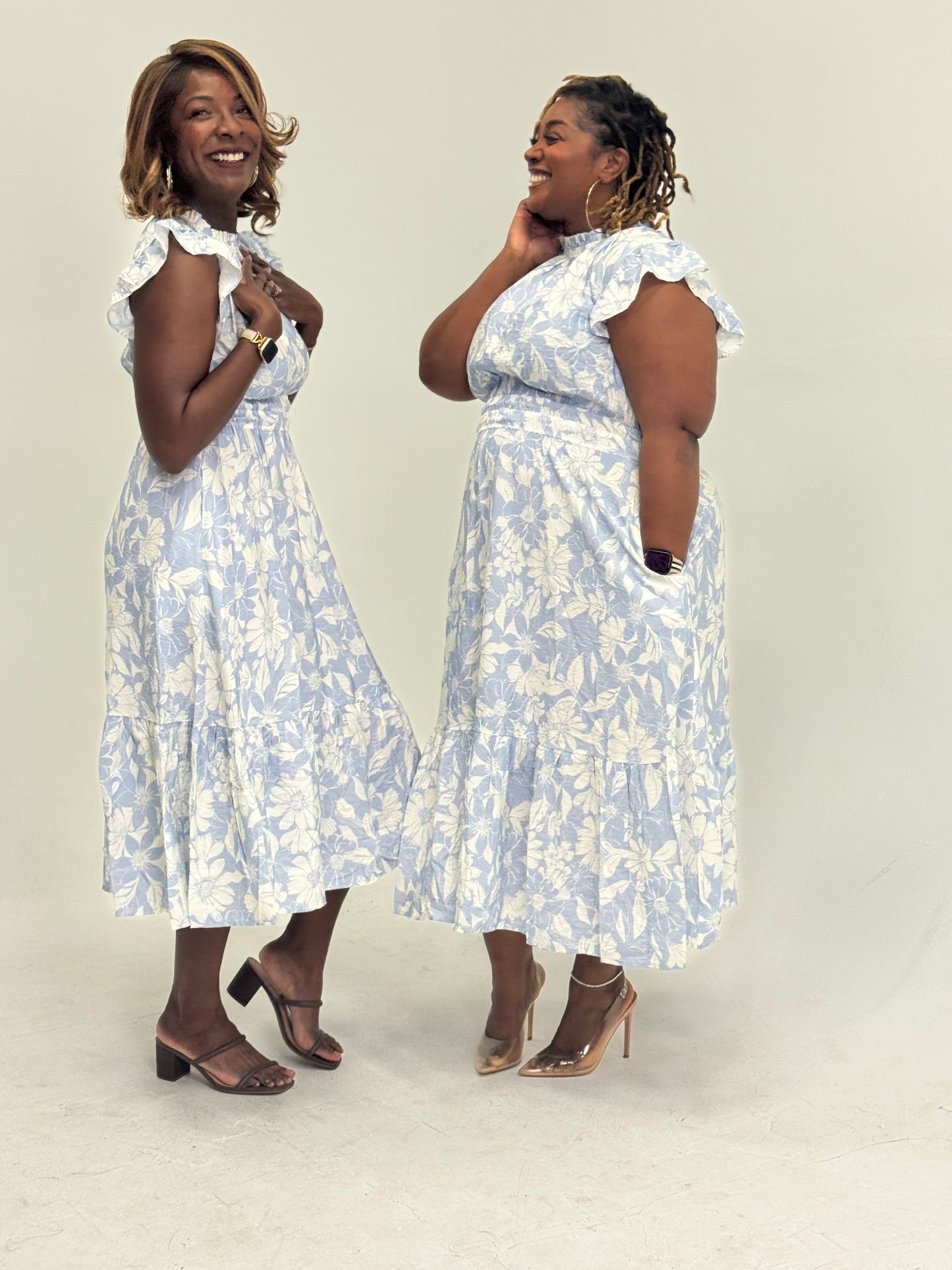 Plus Blue Printed Midi Dress with Flutter Sleeves