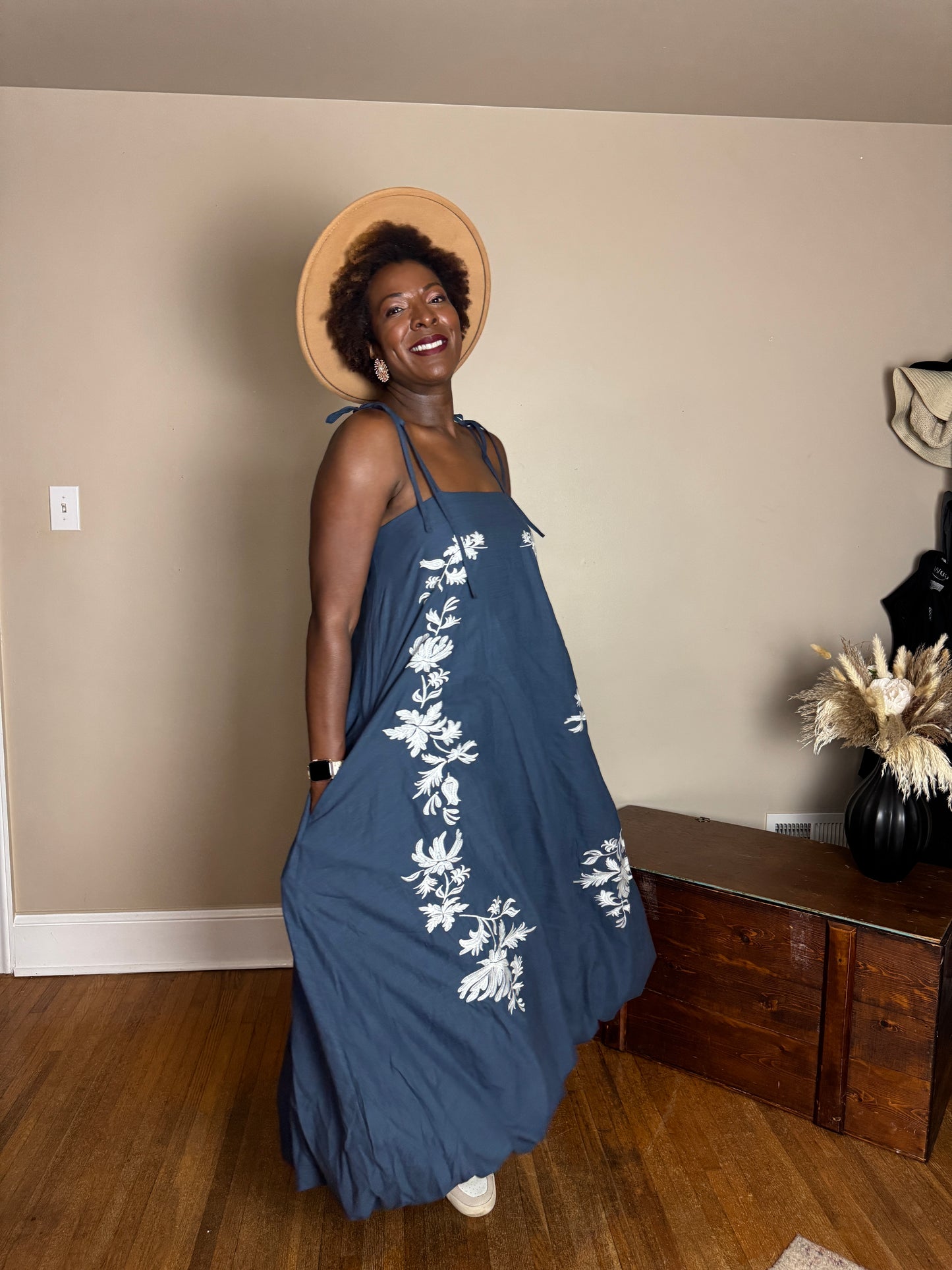 Bonnie Embroidered Tie Strap Bubble Maxi Dress