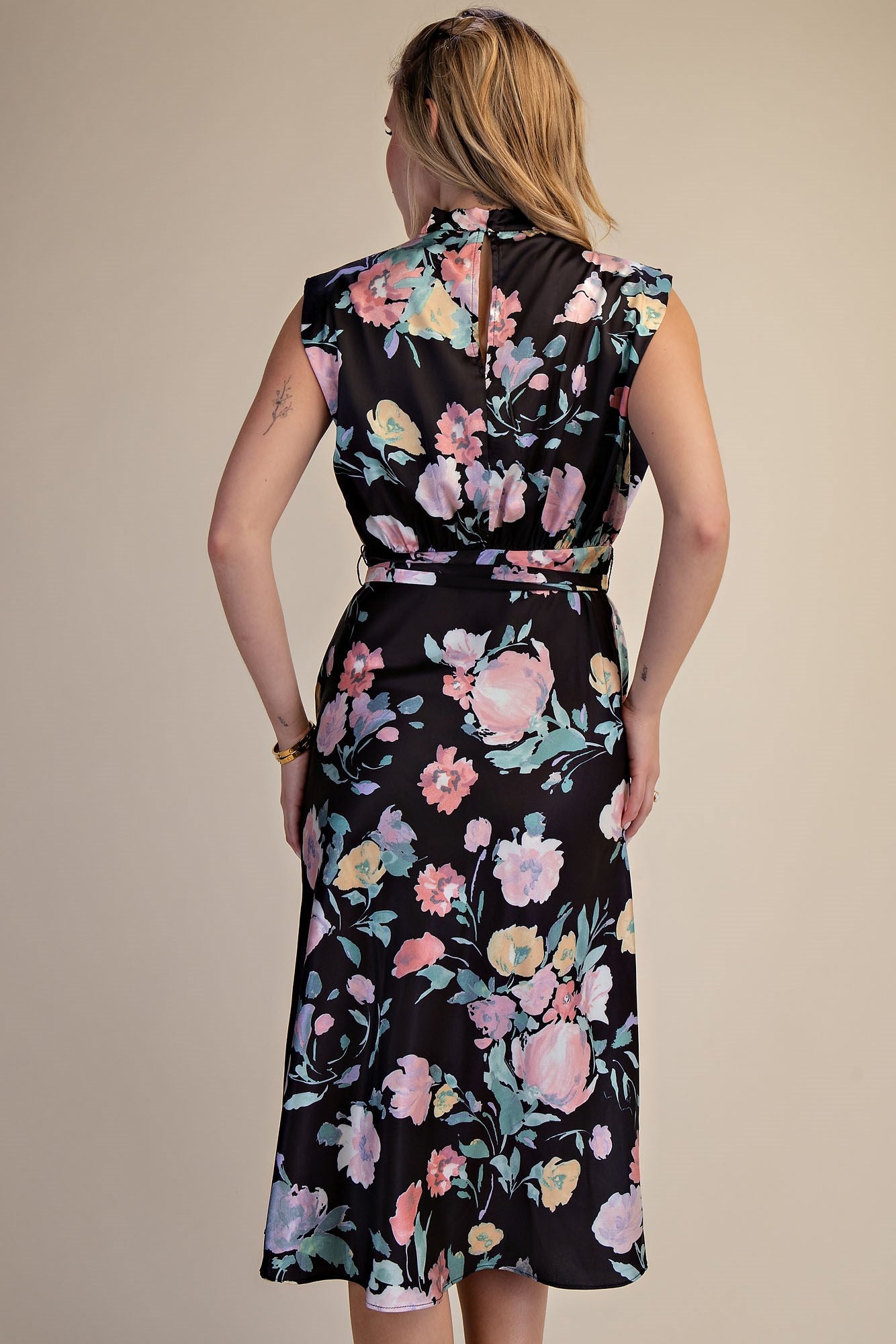 Mock Cowl Neck Satin Floral Midi Dress – Terrie