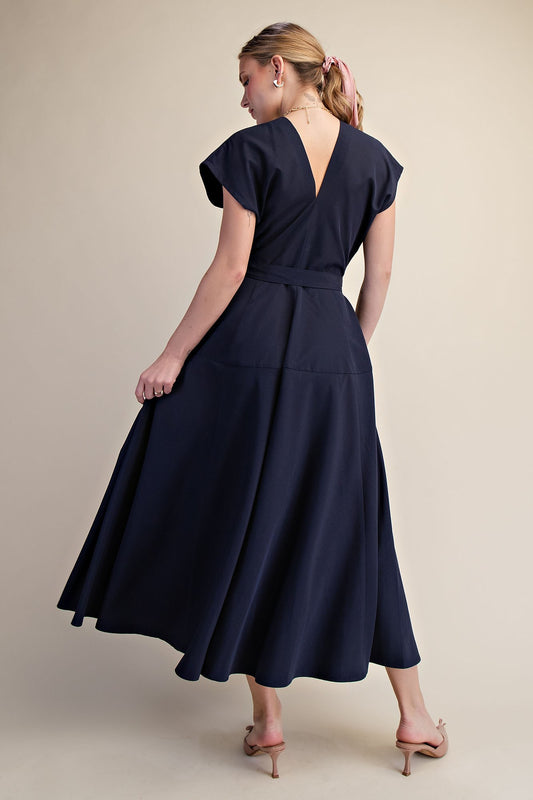V-Neck Drop Shoulder Romantic Midi Dress