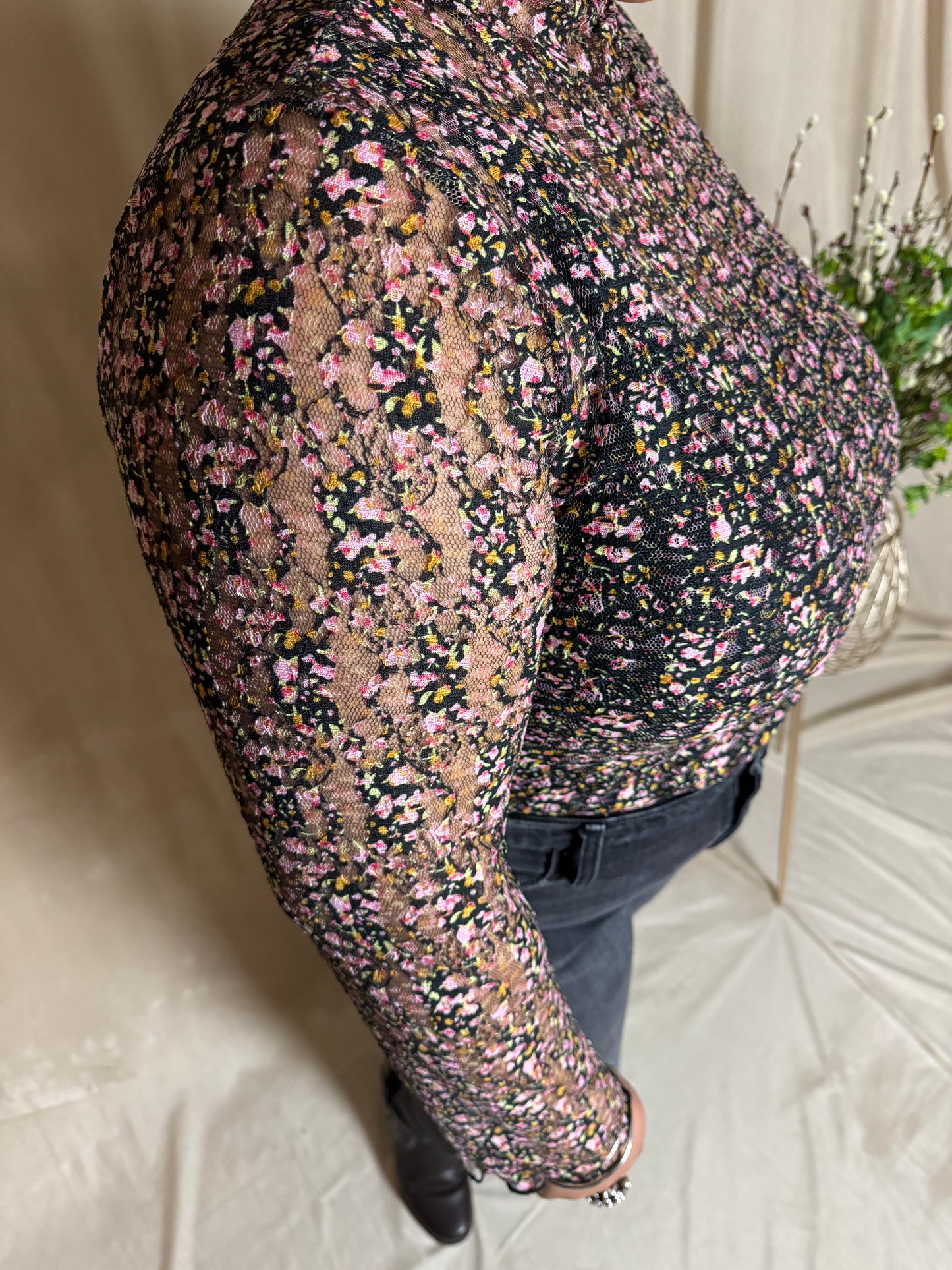 PLUS Floral Mesh Mock Neck Top