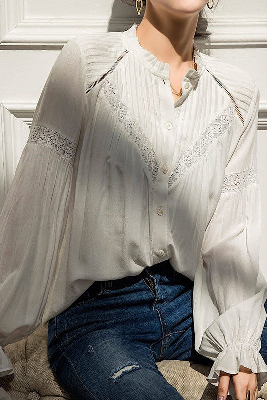 Button Up Ballon Sleeve Top -Fossana (Online Exclusive)