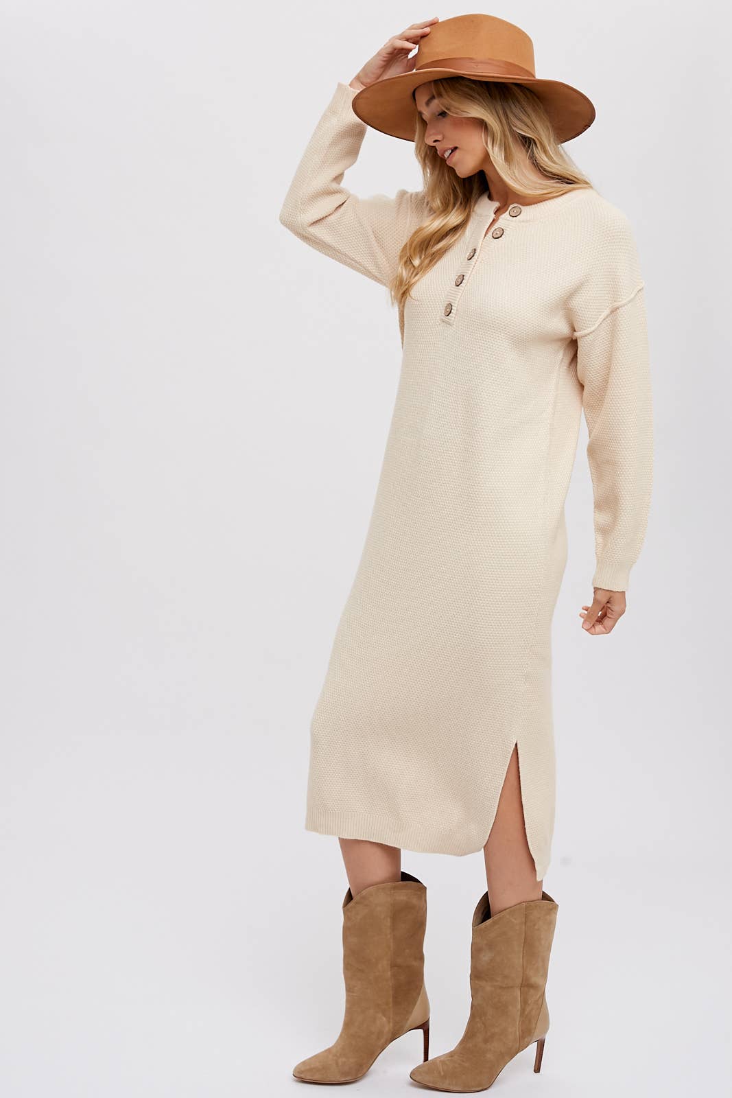 BUTTON FRONT MIDI SWEATER DRESS