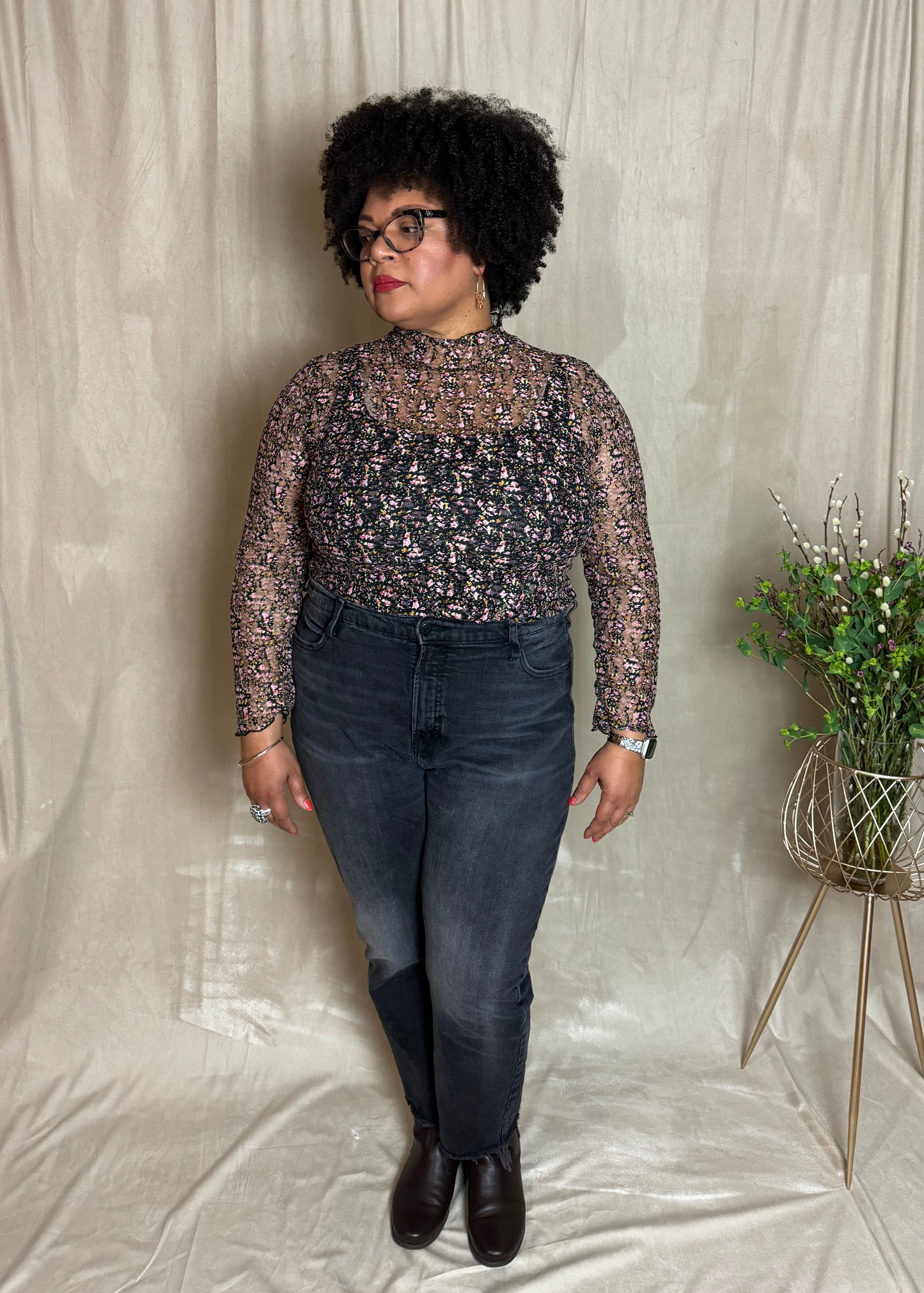 PLUS Floral Mesh Mock Neck Top