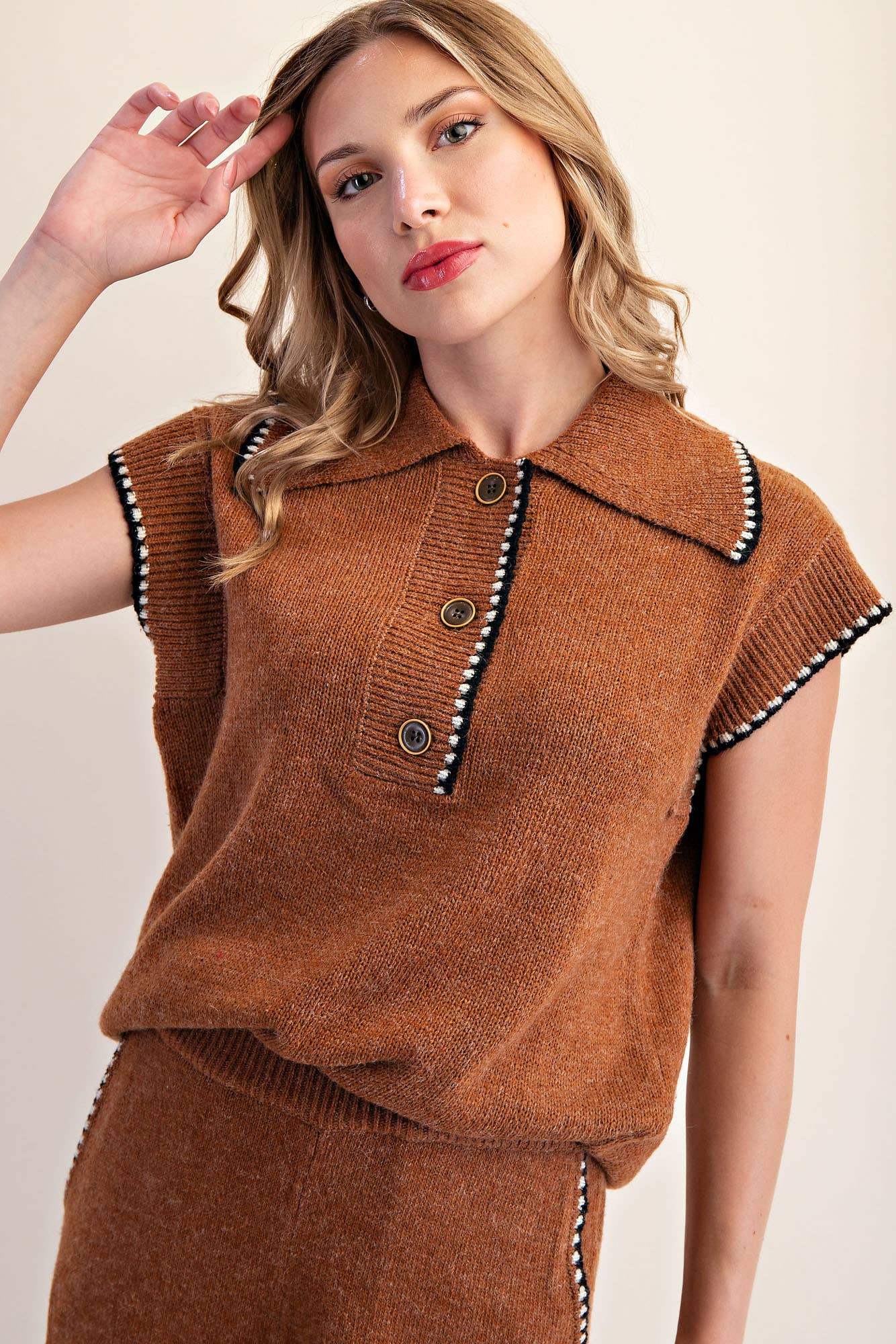 Collared Knit Sleeveless Sweater Top Camille