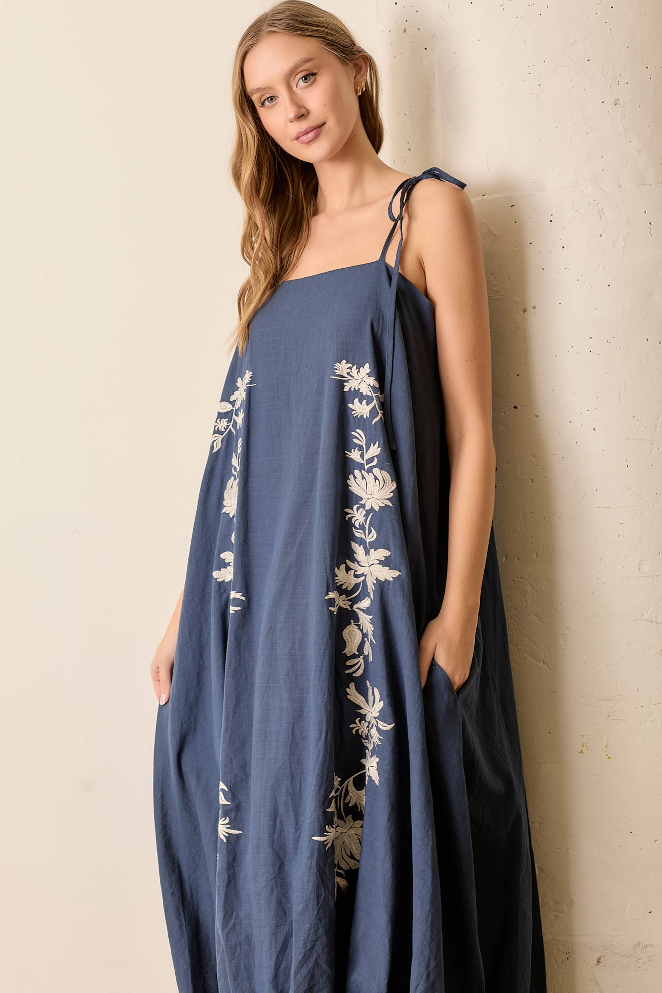 Bonnie Embroidered Tie Strap Bubble Maxi Dress