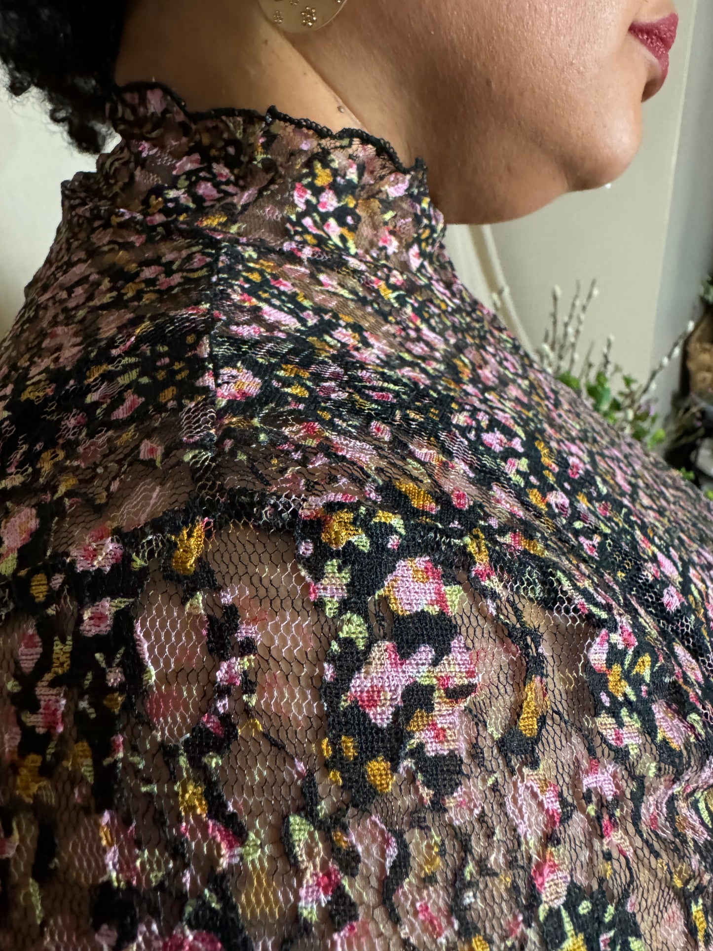 PLUS Floral Mesh Mock Neck Top