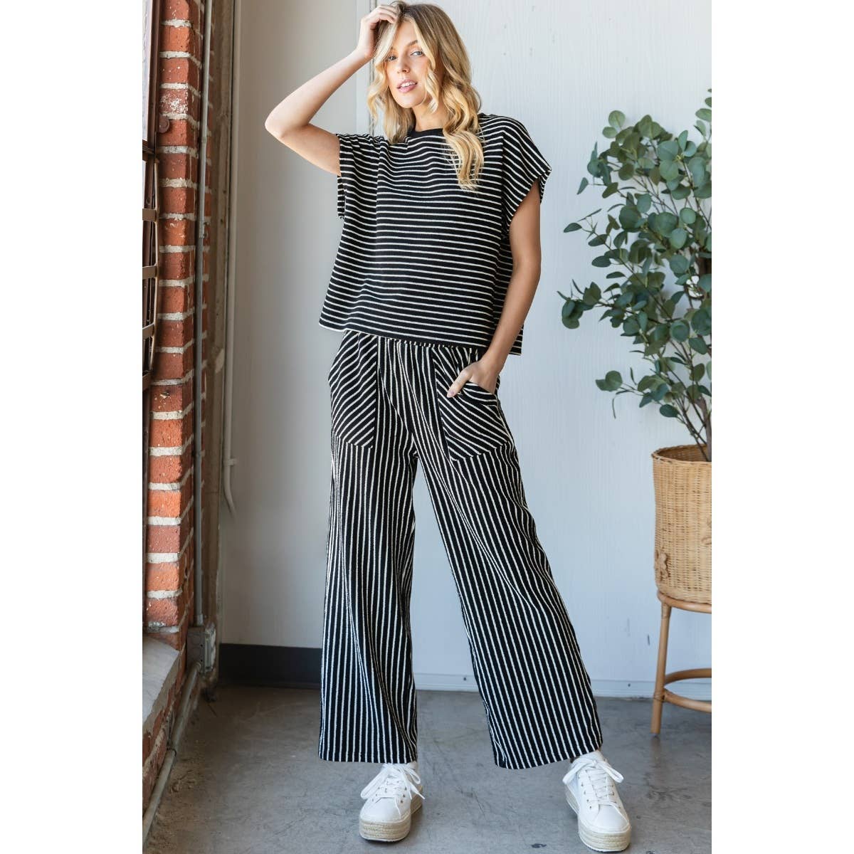 Sydney Stripe Texture Knit Drop Shoulder Top