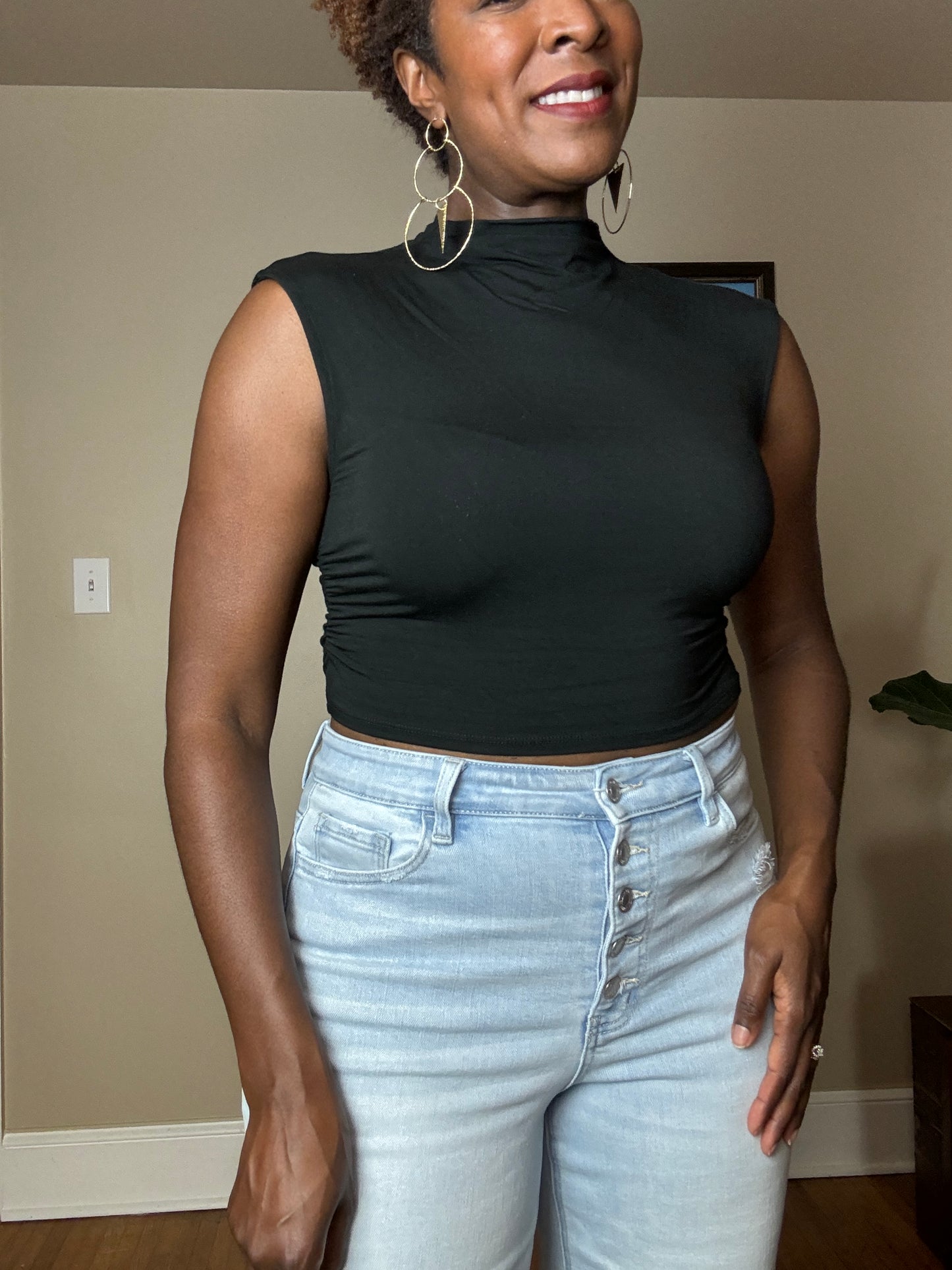 Carrera Mock Neck Cap Sleeve Crop Top