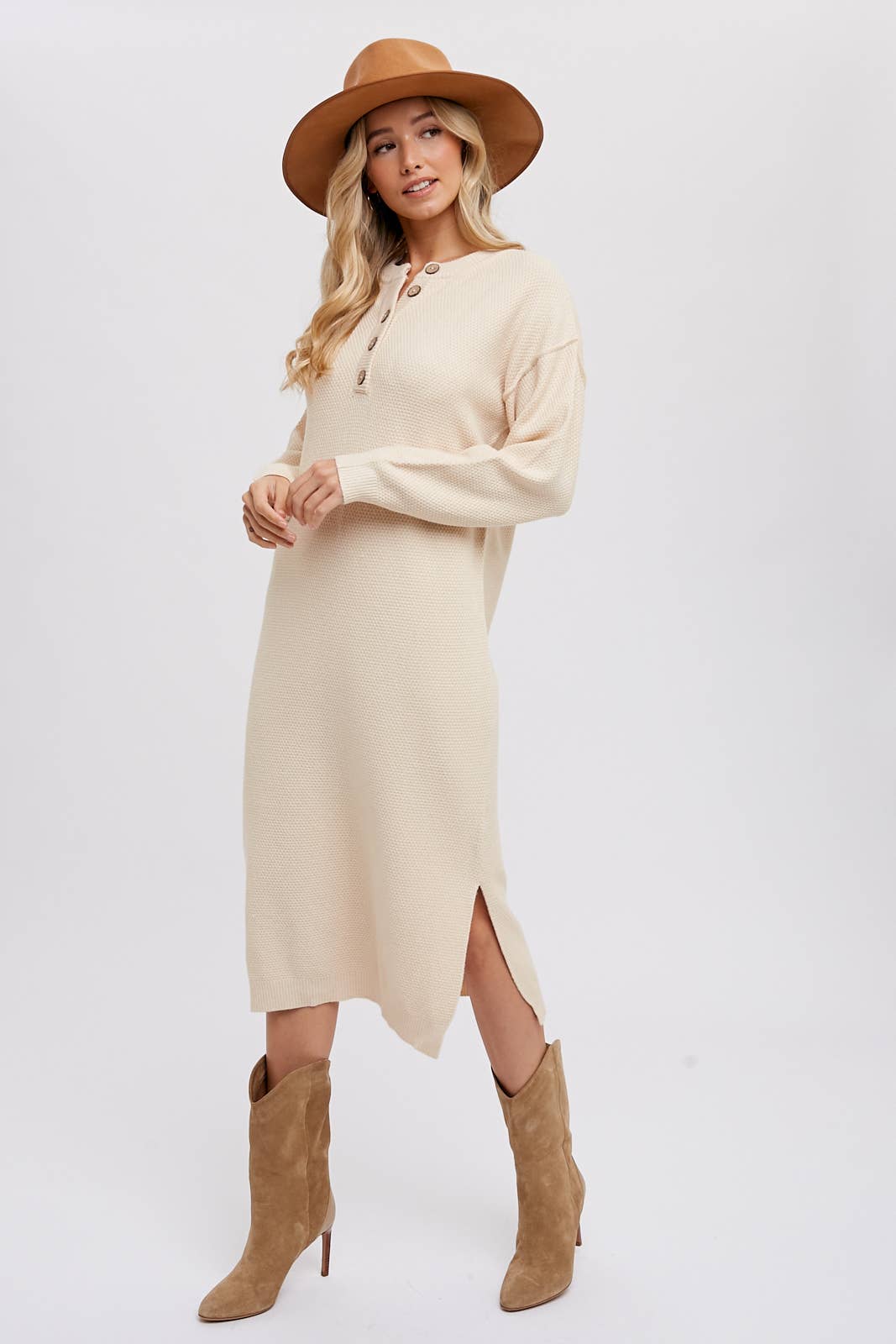 BUTTON FRONT MIDI SWEATER DRESS