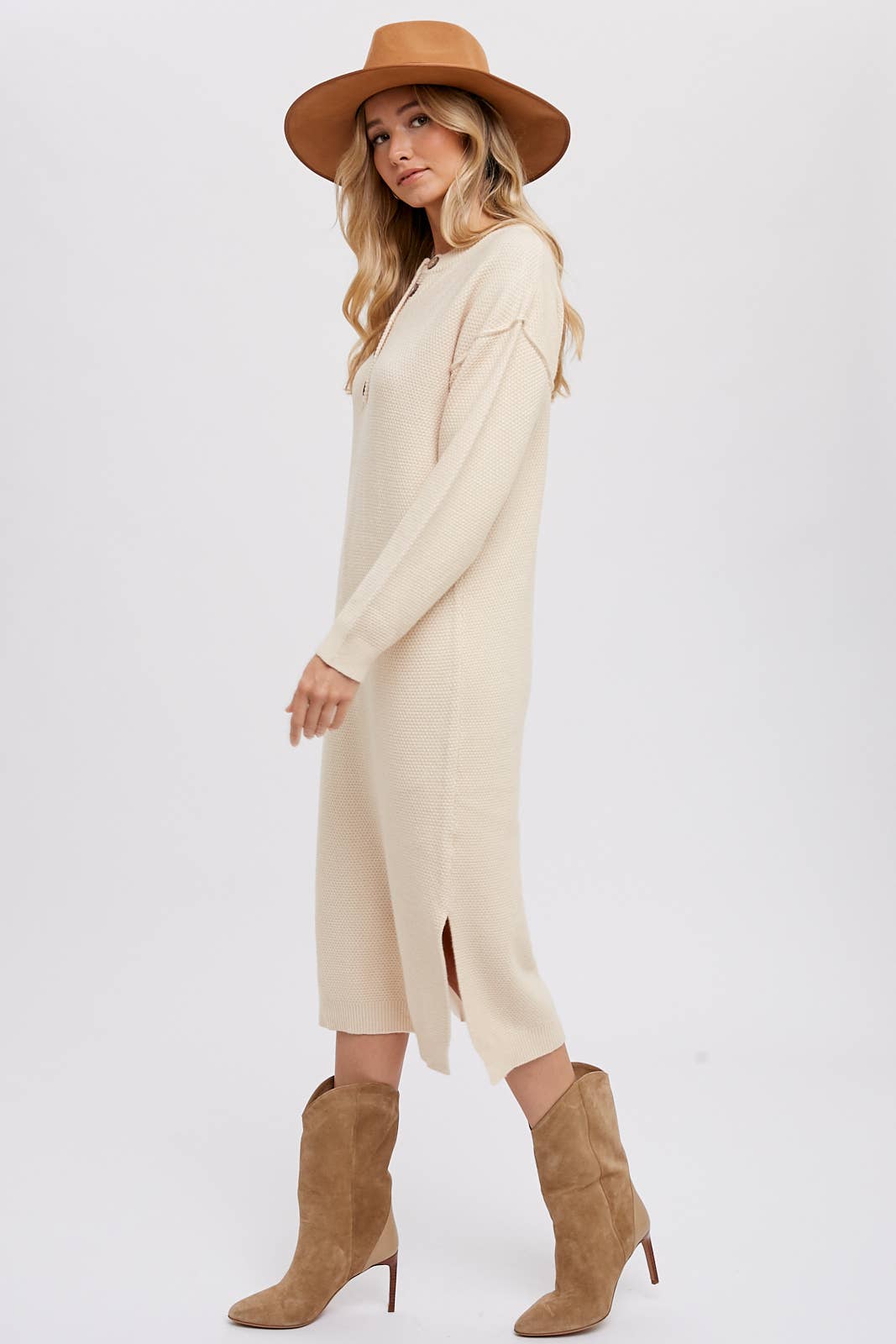 BUTTON FRONT MIDI SWEATER DRESS