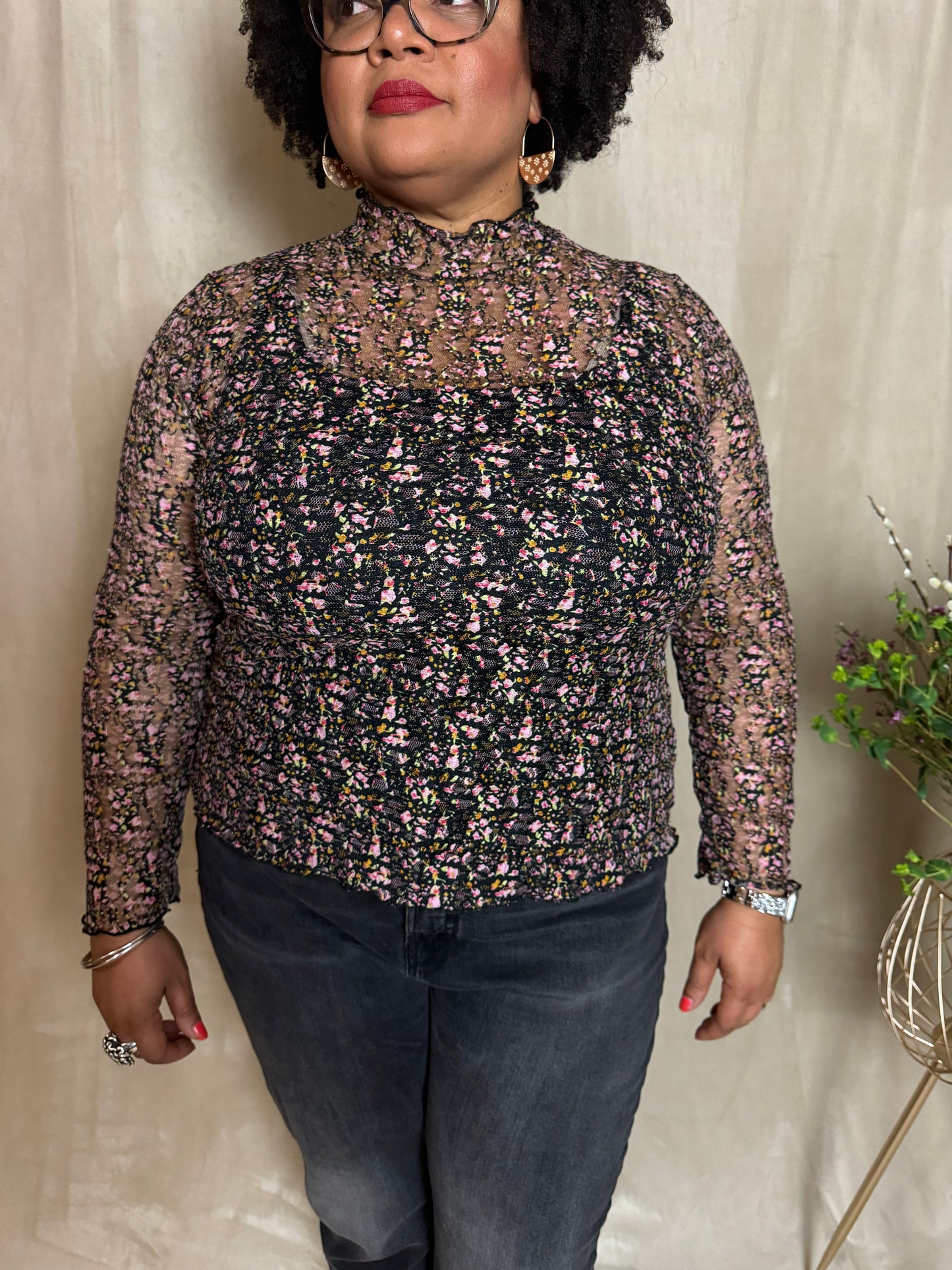 PLUS Floral Mesh Mock Neck Top