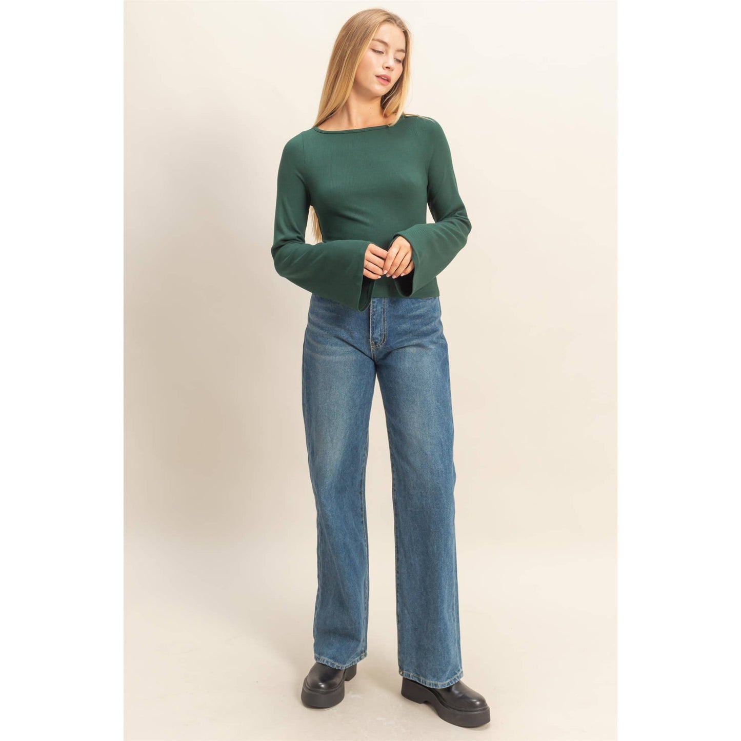 Long Bell Sleeve Ribbed Knit Top - Everly