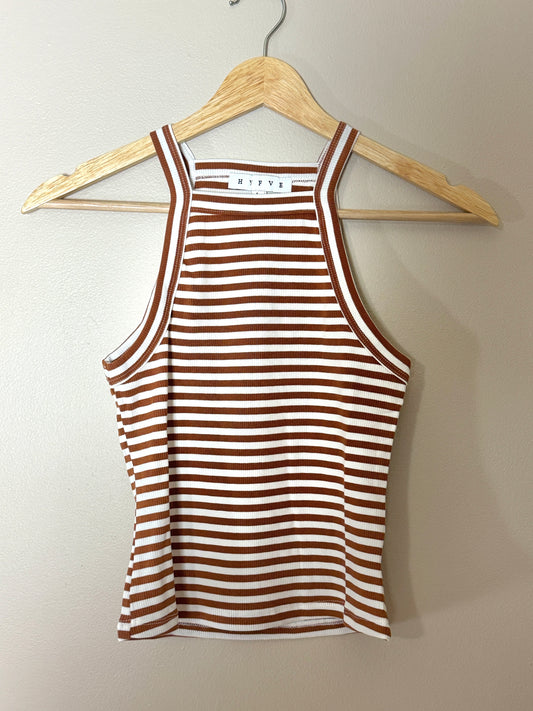 Cali Mocha Stripe Fitted Cropped Knit Tank Top