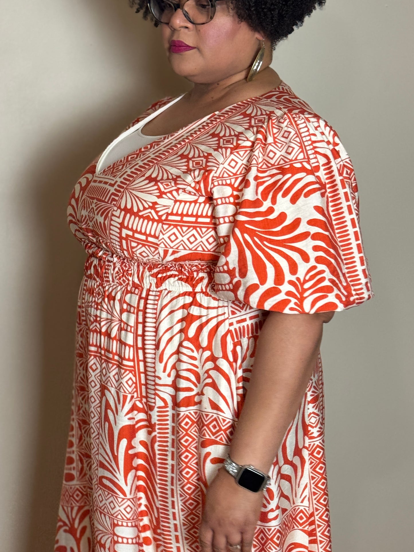 PLUS-Abstract Print Orange and Cream Brenlyn Dress