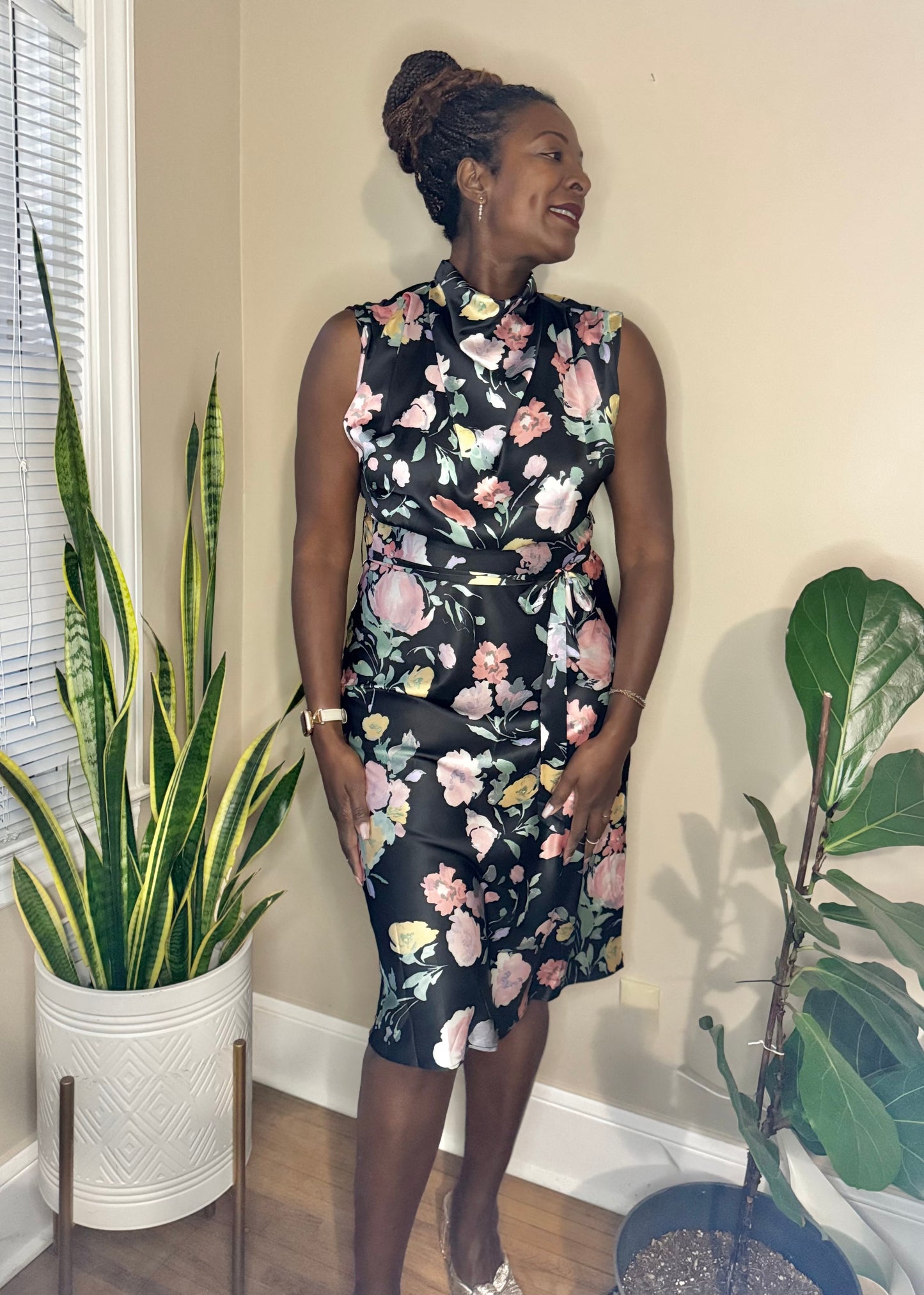 Mock Cowl Neck Satin Floral Midi Dress – Terrie