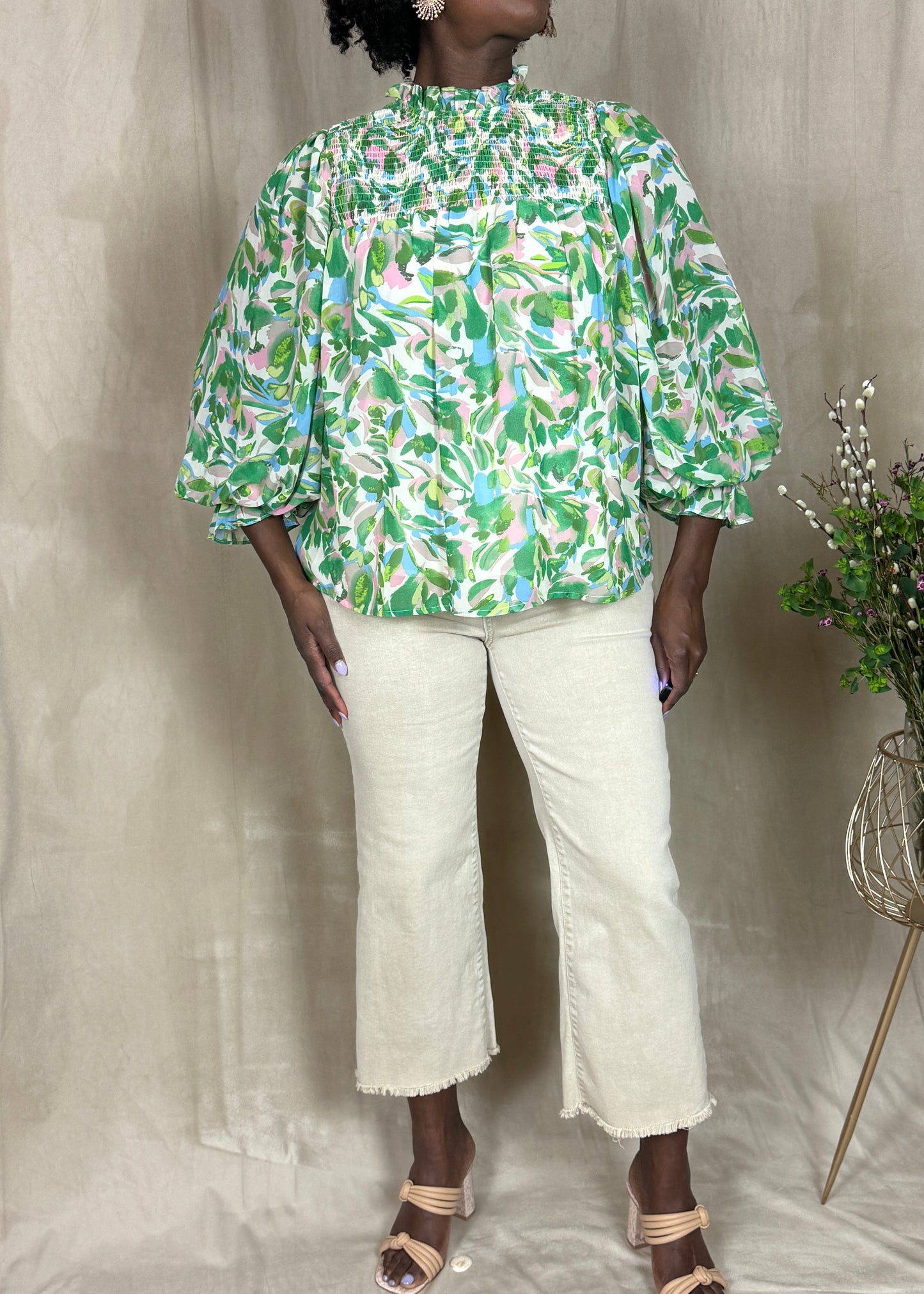 Callie Mock Neck Smocked Top
