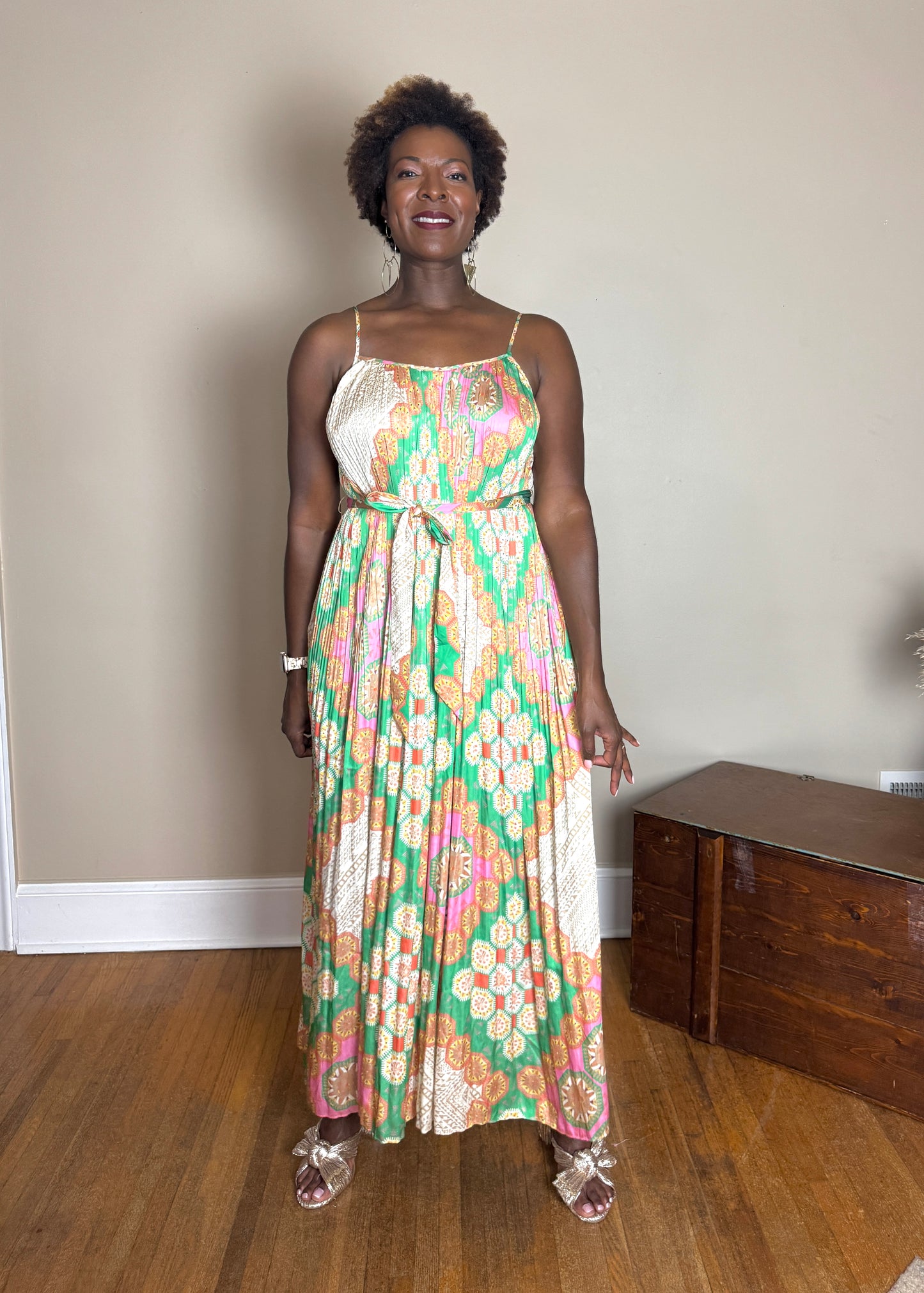 Bliss Marie Boho Pleated Cami Maxi Dress with Waist Tie