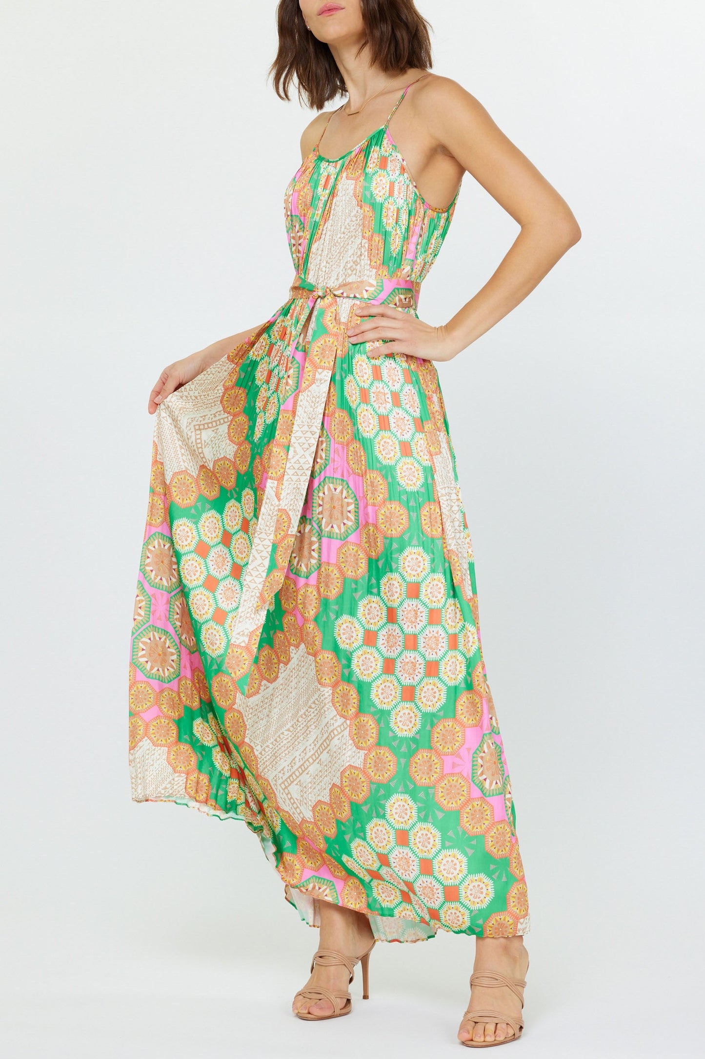 Bliss Marie Boho Pleated Cami Maxi Dress with Waist Tie