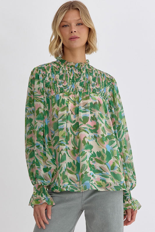 Callie Mock Neck Smocked Top