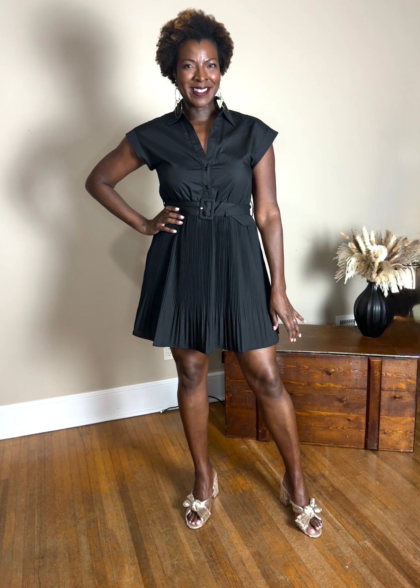 Betsey Marie Shirt Collar Split Neck Short Dress with Buckle Belt