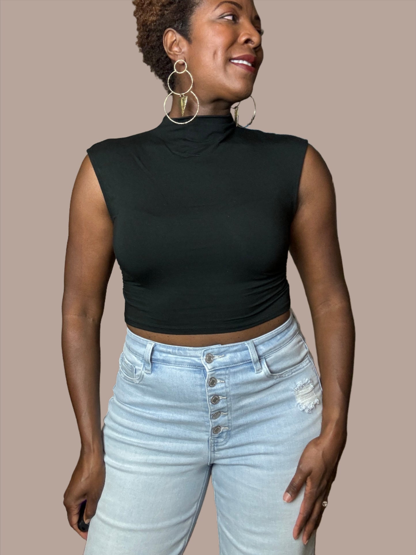 Carrera Mock Neck Cap Sleeve Crop Top