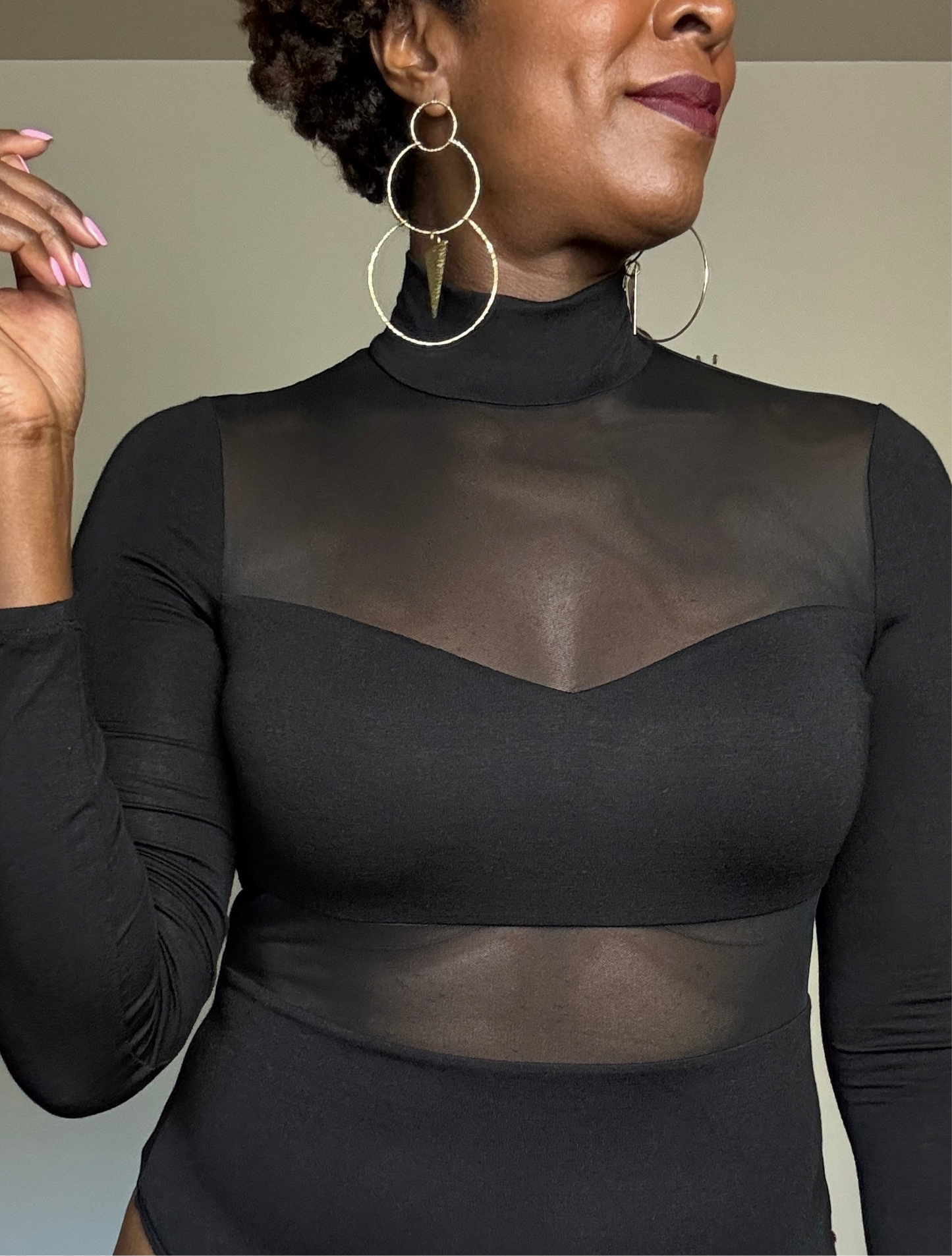 Catalina Mock Neck Mesh Cutout Long Sleeve Body Suit