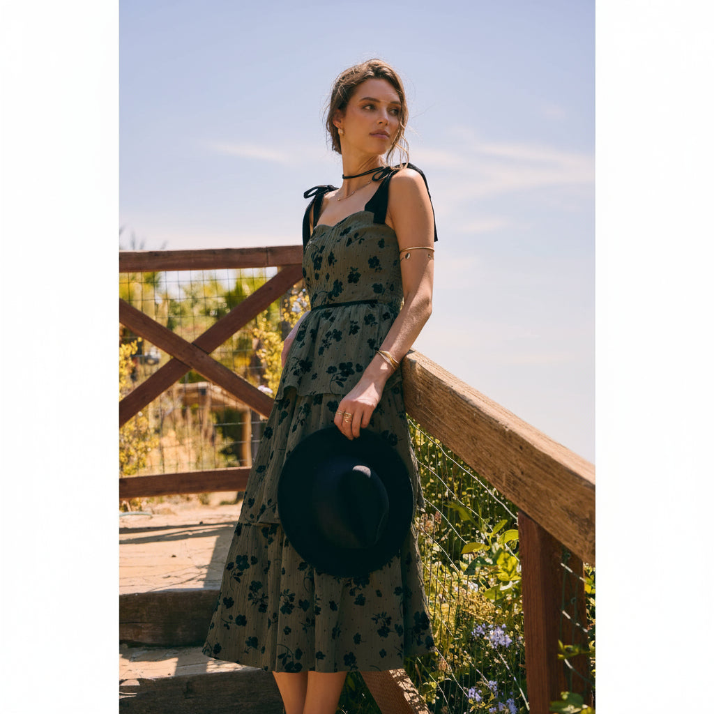 Velvet Flower Tiered Midi Dress