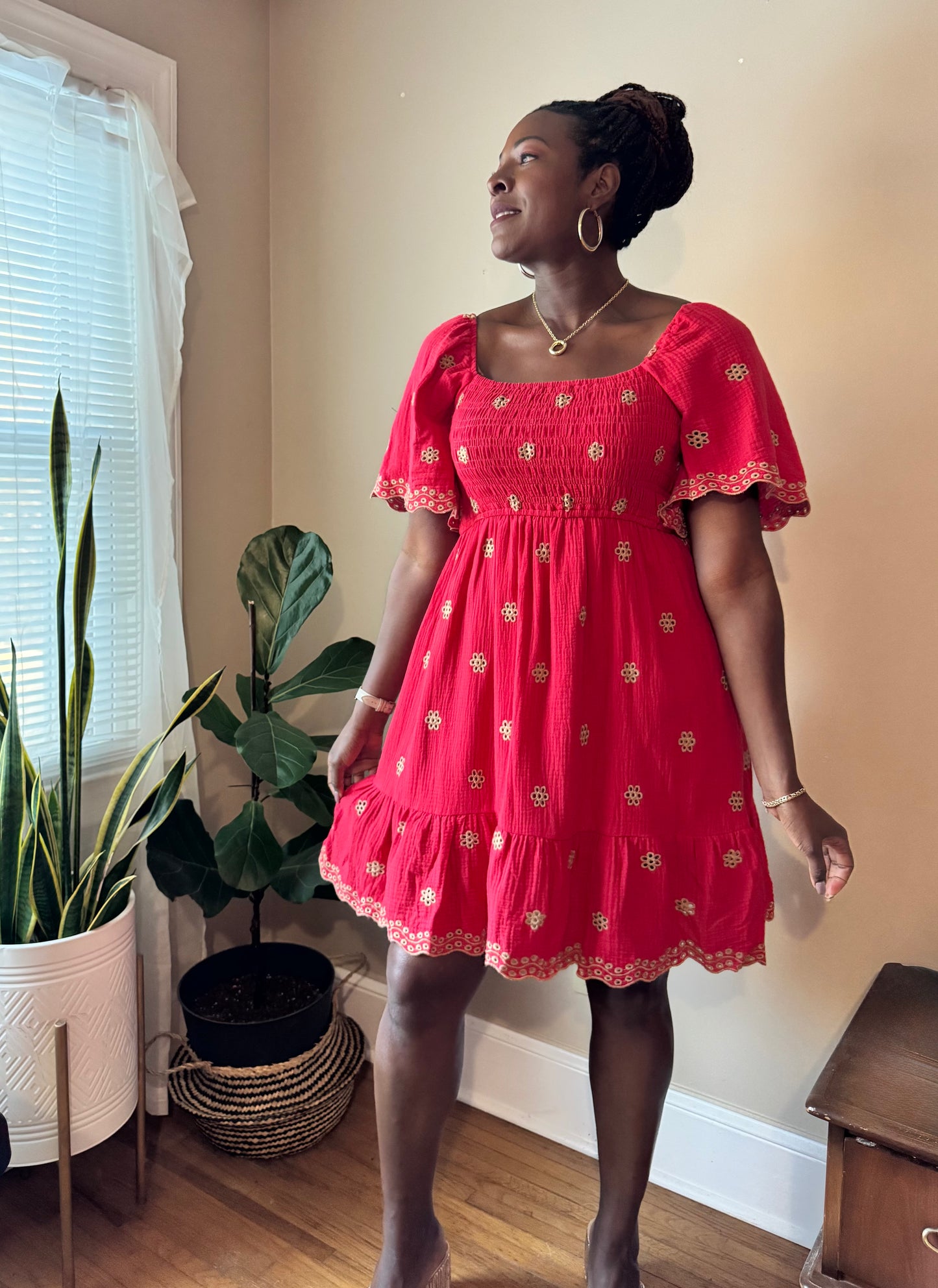 Embroidered Cotton Gauze Smocked Dress – Scalloped Flutter Sleeves
