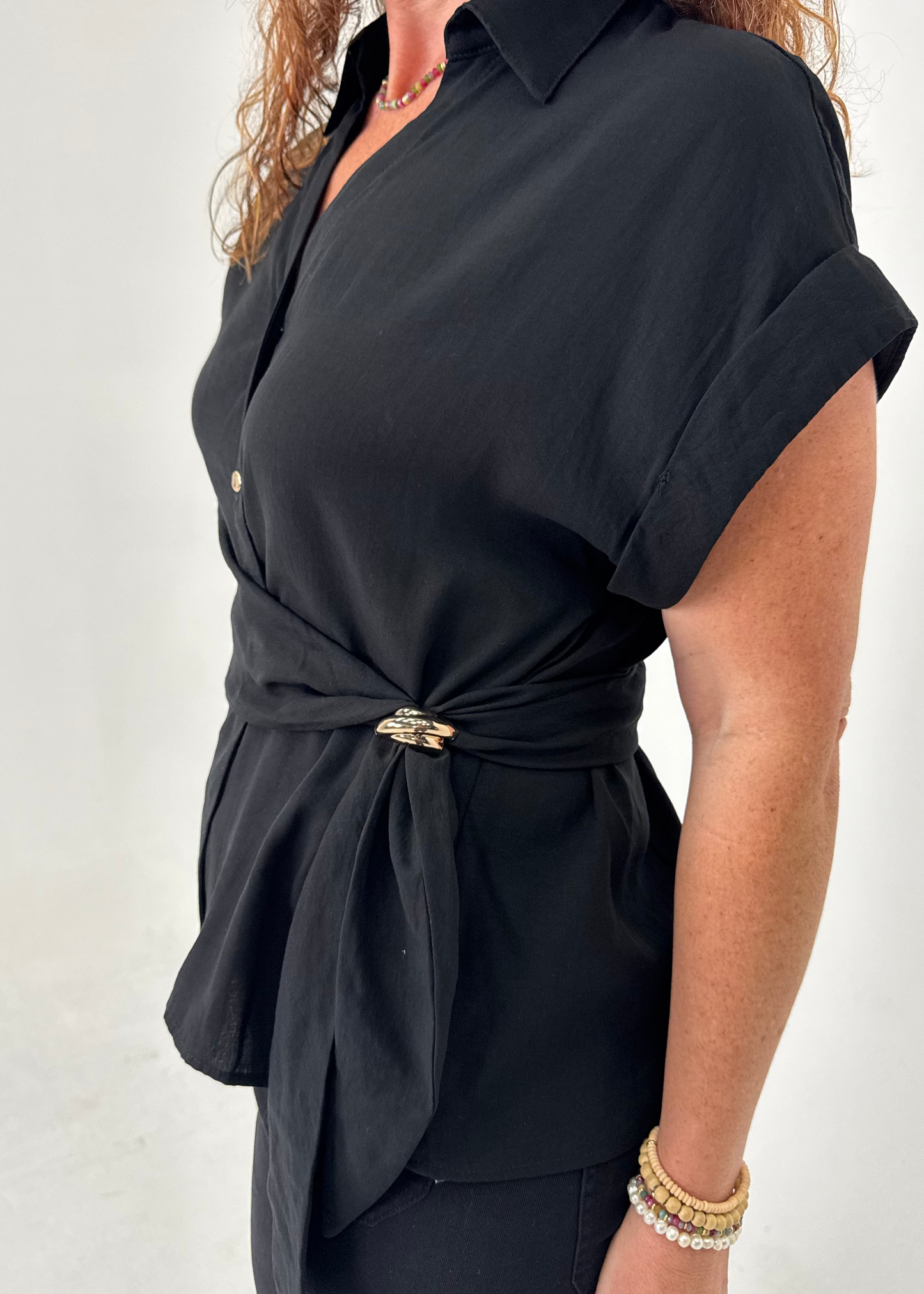 Side Tie Collared Shirt – Gold Hardware Detail