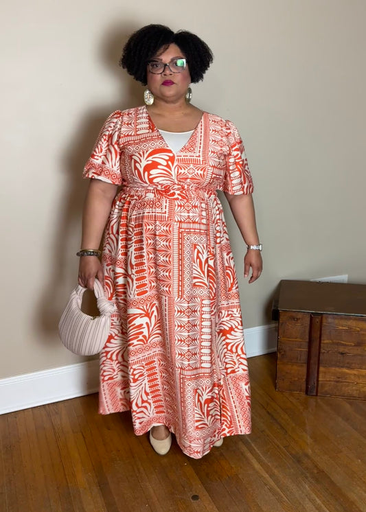 Plus Size Short Sleeve Dress with Abstract Tribal Print and front leg slit