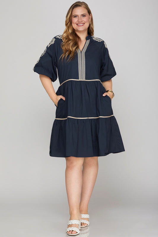 Plus size Navy Blue Elbow Sleeve Cotton Dress with embriodery knee length