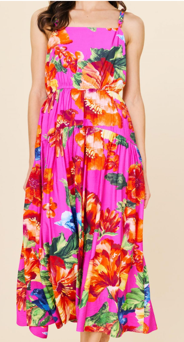 Pink Hibiscus flower sundress with braided straps, Midi length