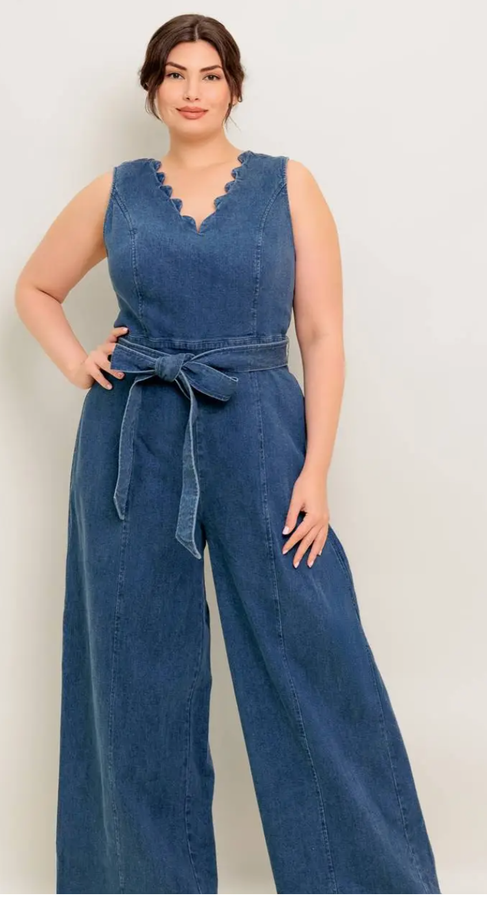 Plus Denim V-neck Wide Leg Jumpsuit