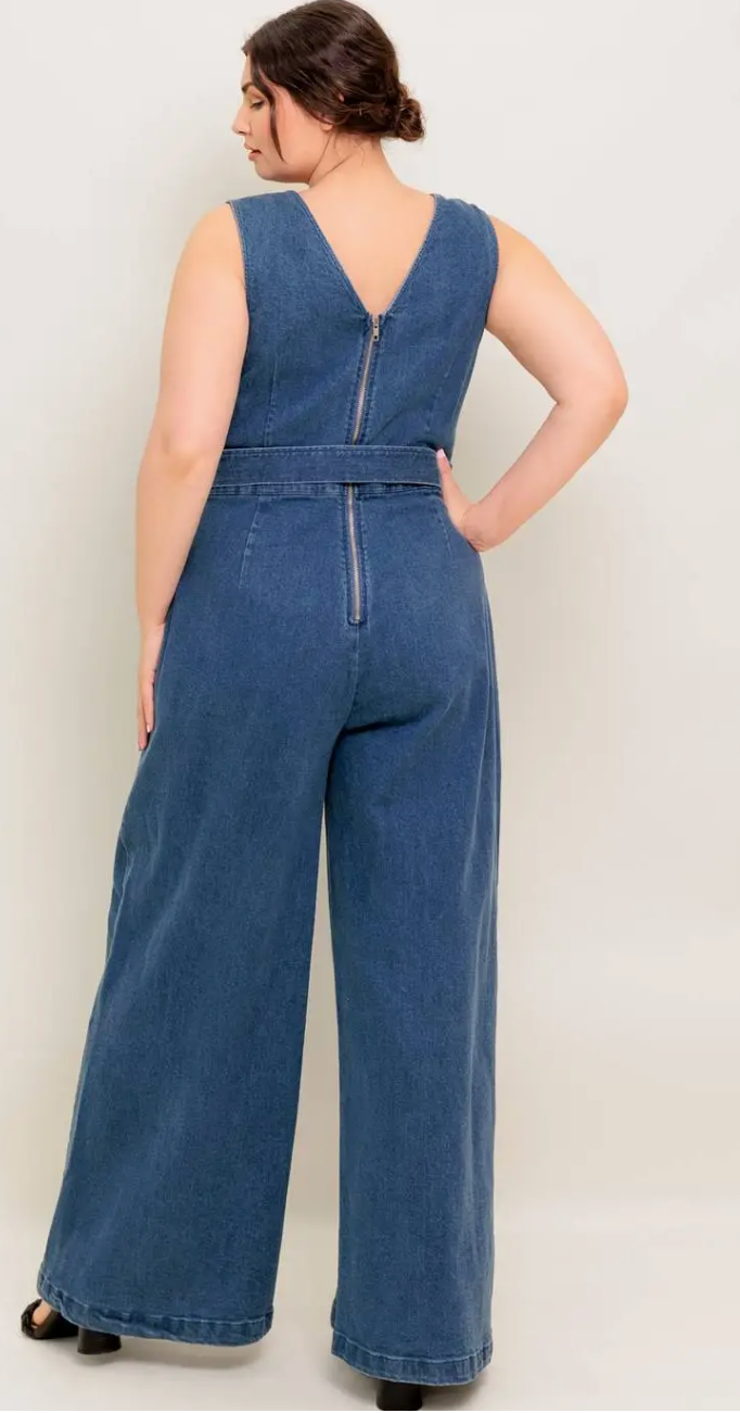 Plus Denim V-neck Wide Leg Jumpsuit