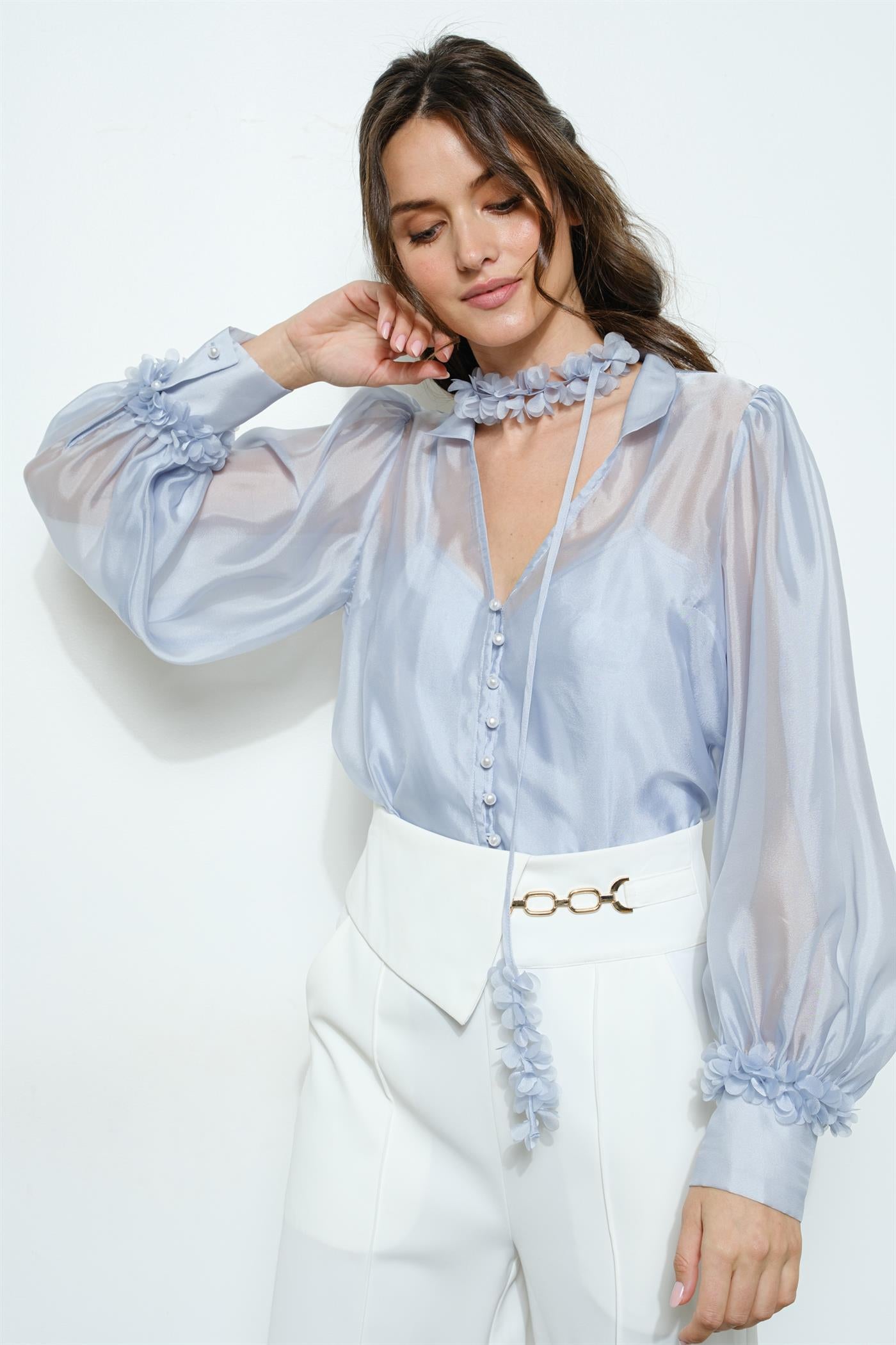 Sheer Blue Blouse With 3D flowers on cuff and detachable necktie
