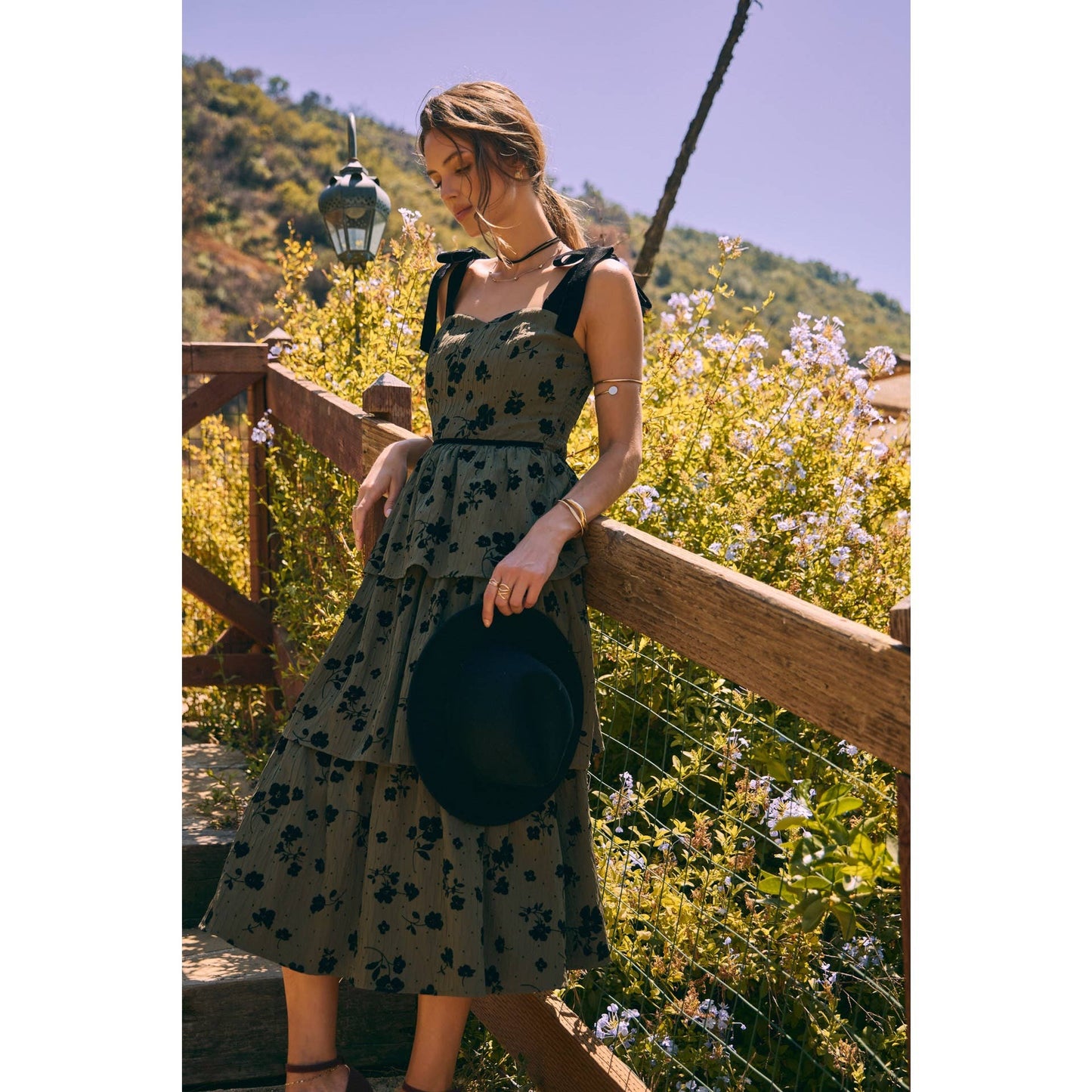 Velvet Flower Tiered Midi Dress