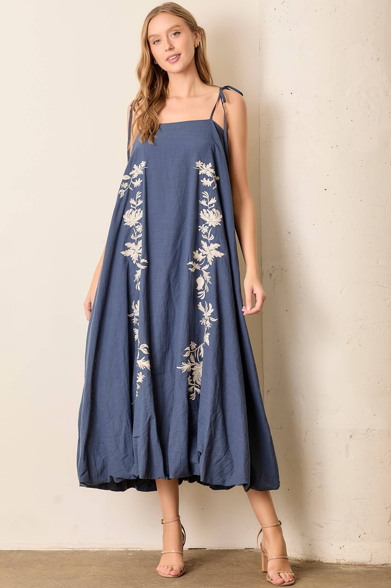 Bonnie Embroidered Tie Strap Bubble Maxi Dress