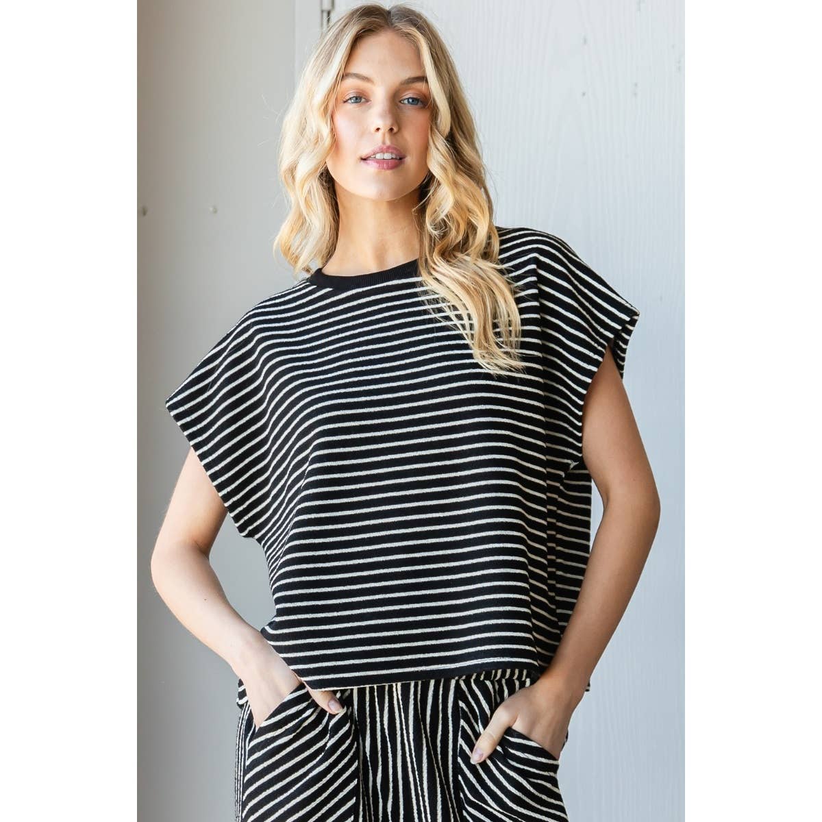Sydney Stripe Texture Knit Drop Shoulder Top
