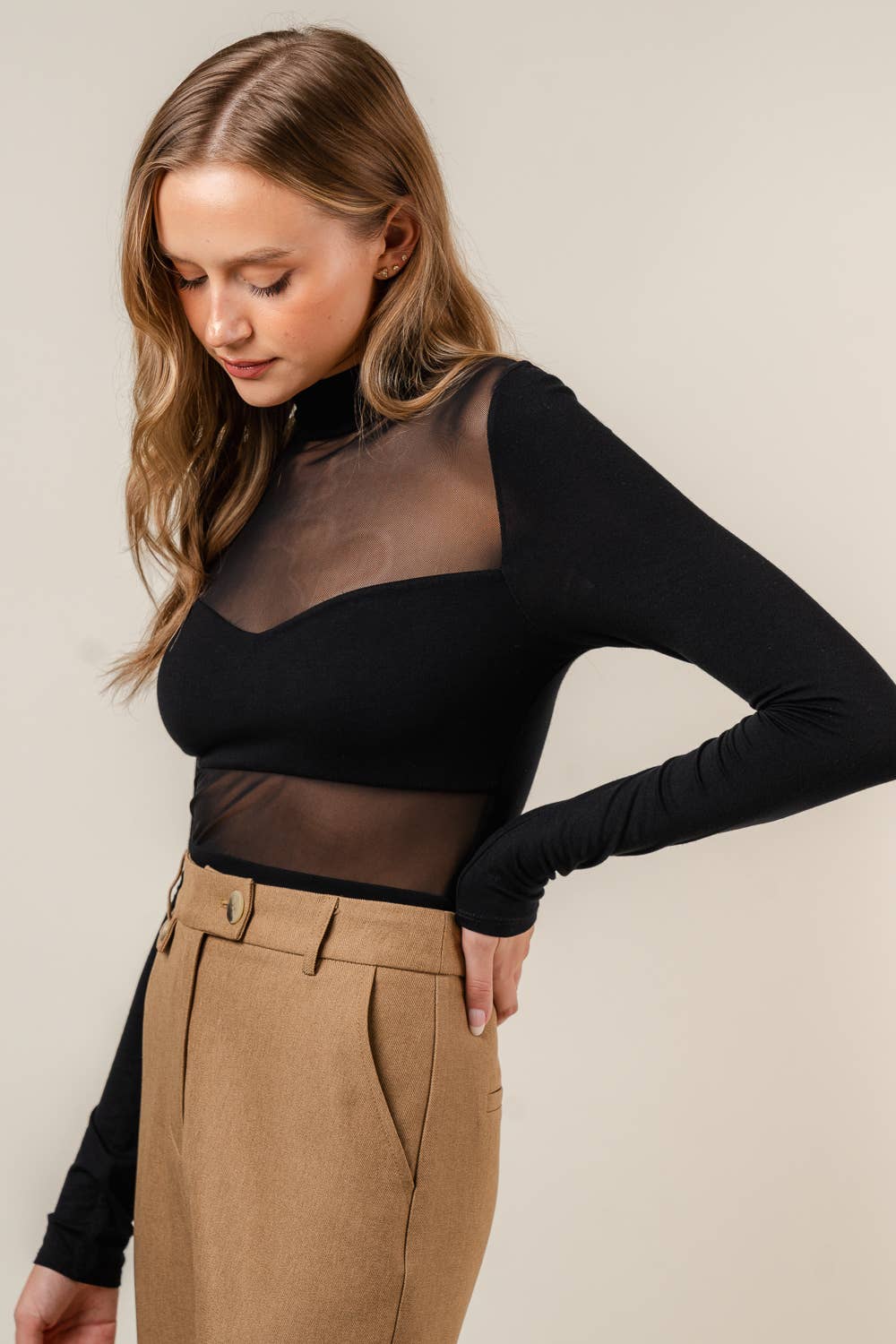 Catalina Mock Neck Mesh Cutout Long Sleeve Body Suit