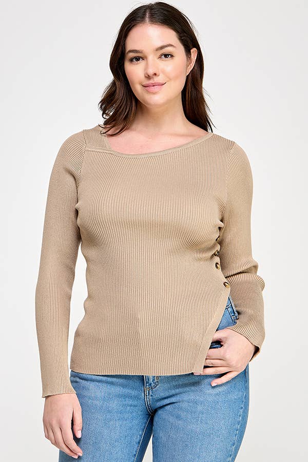 Plus Size Asymmetric Button Detail Sweater Knit Top – Elara Top