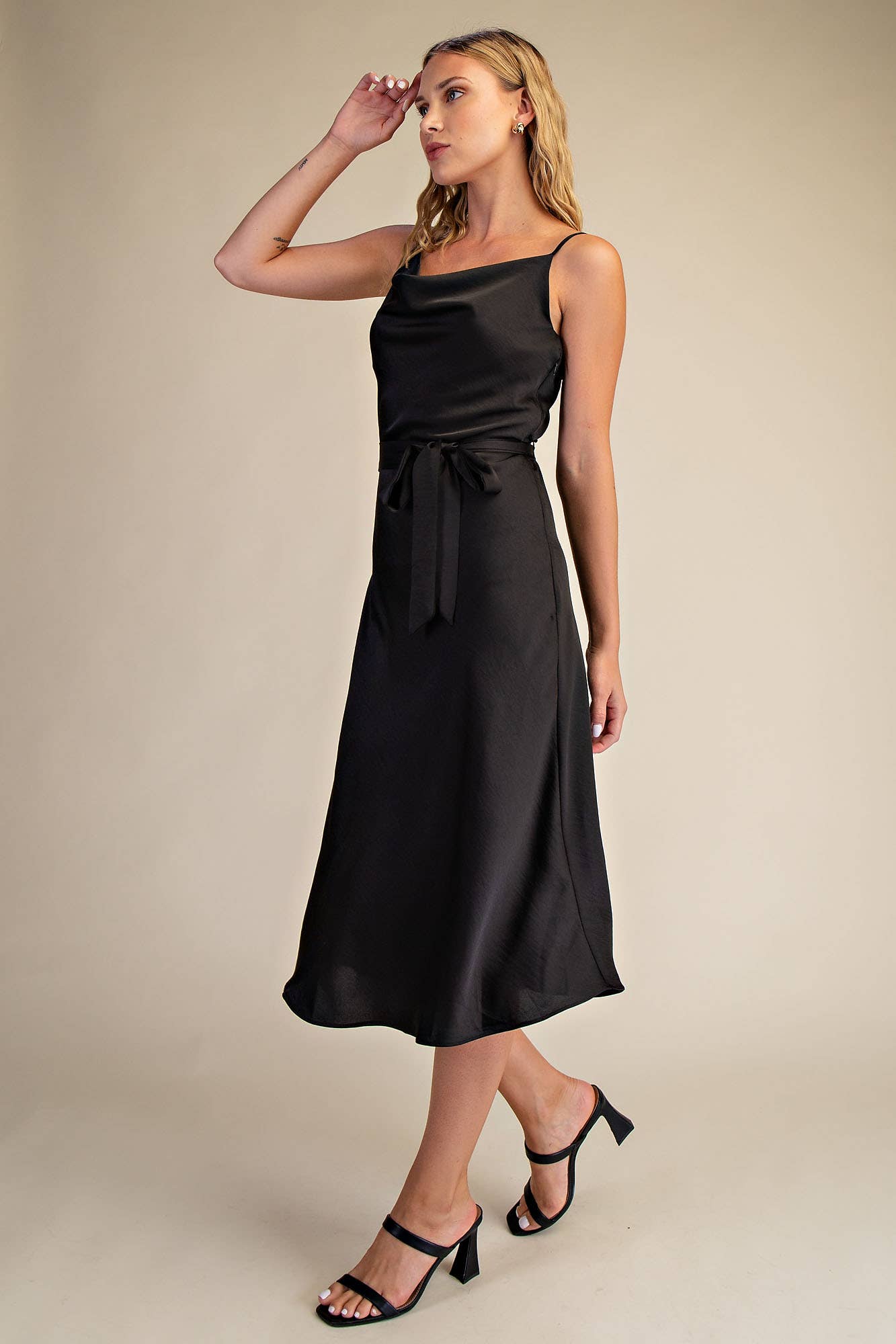 Satin Draped Neck Sleeveless Midi Dress - Lucille