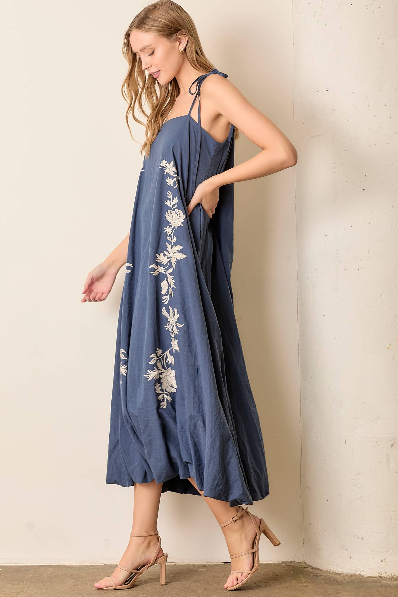 Bonnie Embroidered Tie Strap Bubble Maxi Dress