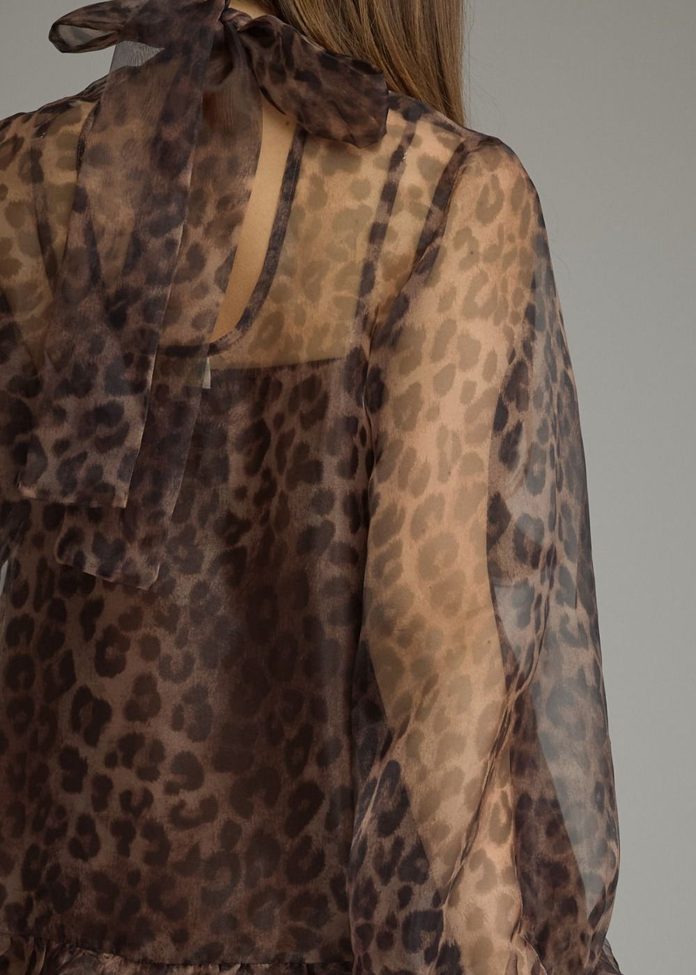 close up of detail of women wearing leopard dress