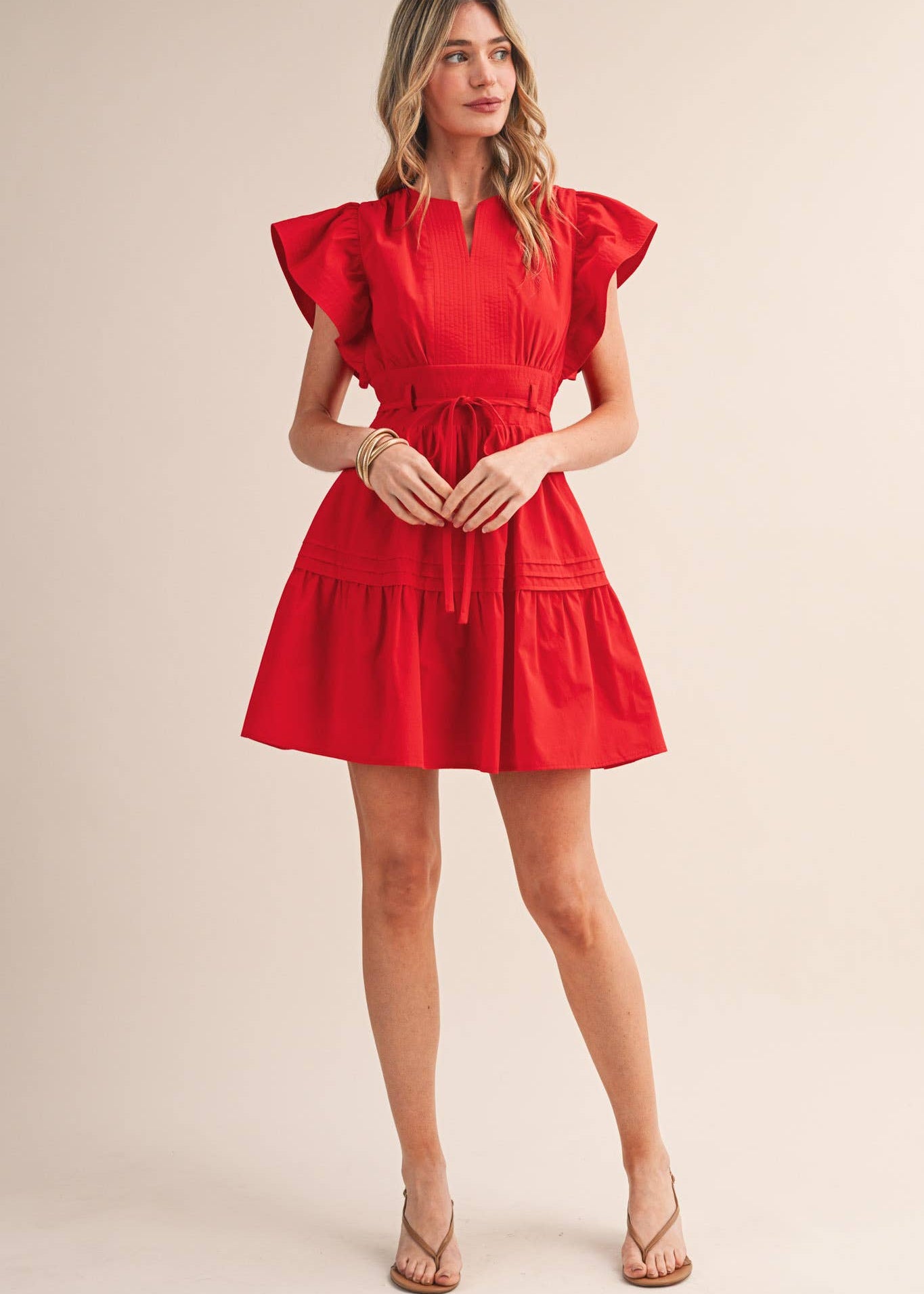 women's red mini dress EMBROIDERED PIN TUCK MINI DRESS L