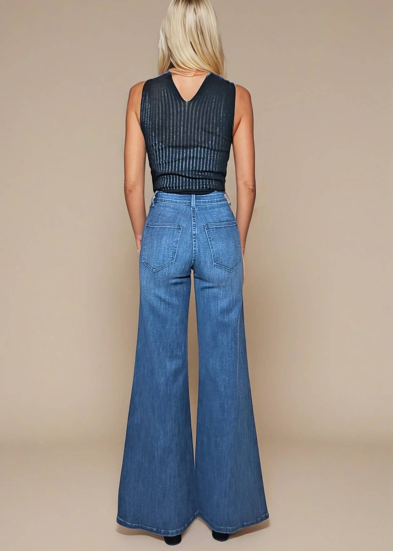 back view of womens wide leg jeans