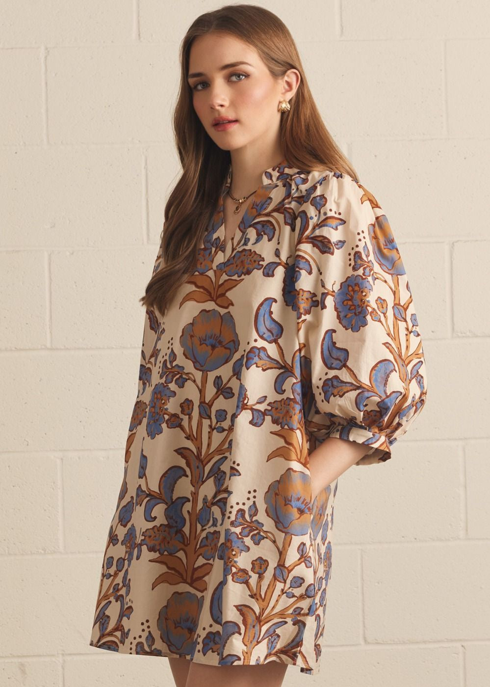 Ivory Floral Cotton Mini Dress Maribel – Puff Sleeves & Pockets