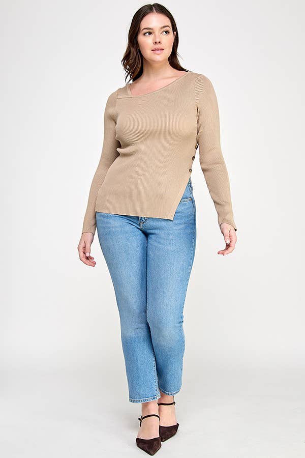 Plus Size Asymmetric Button Detail Sweater Knit Top – Elara Top